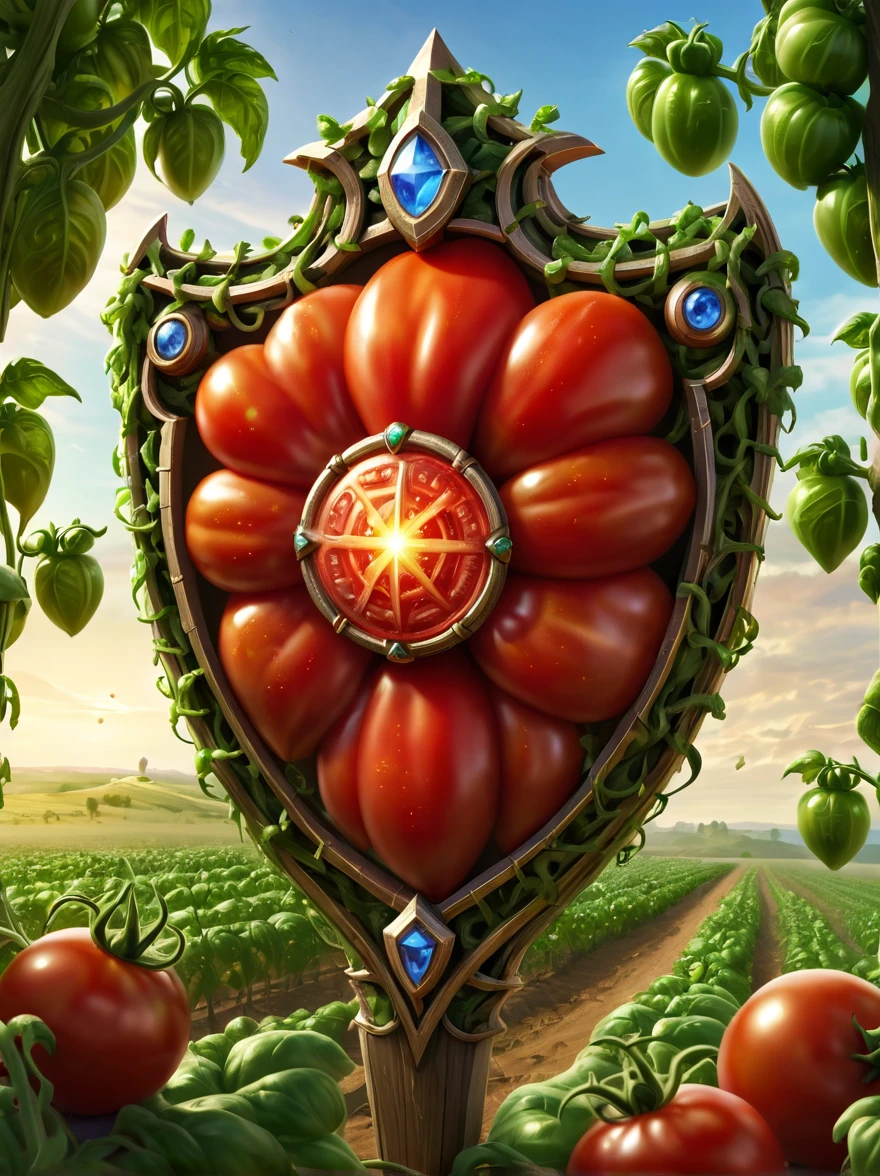 High quality concept game art of Fantasy Tomato Shield, farmland background, extremely detailed, glowing clear gem power made of intricate tomato vines, concept weapon art, Shield of Saturn