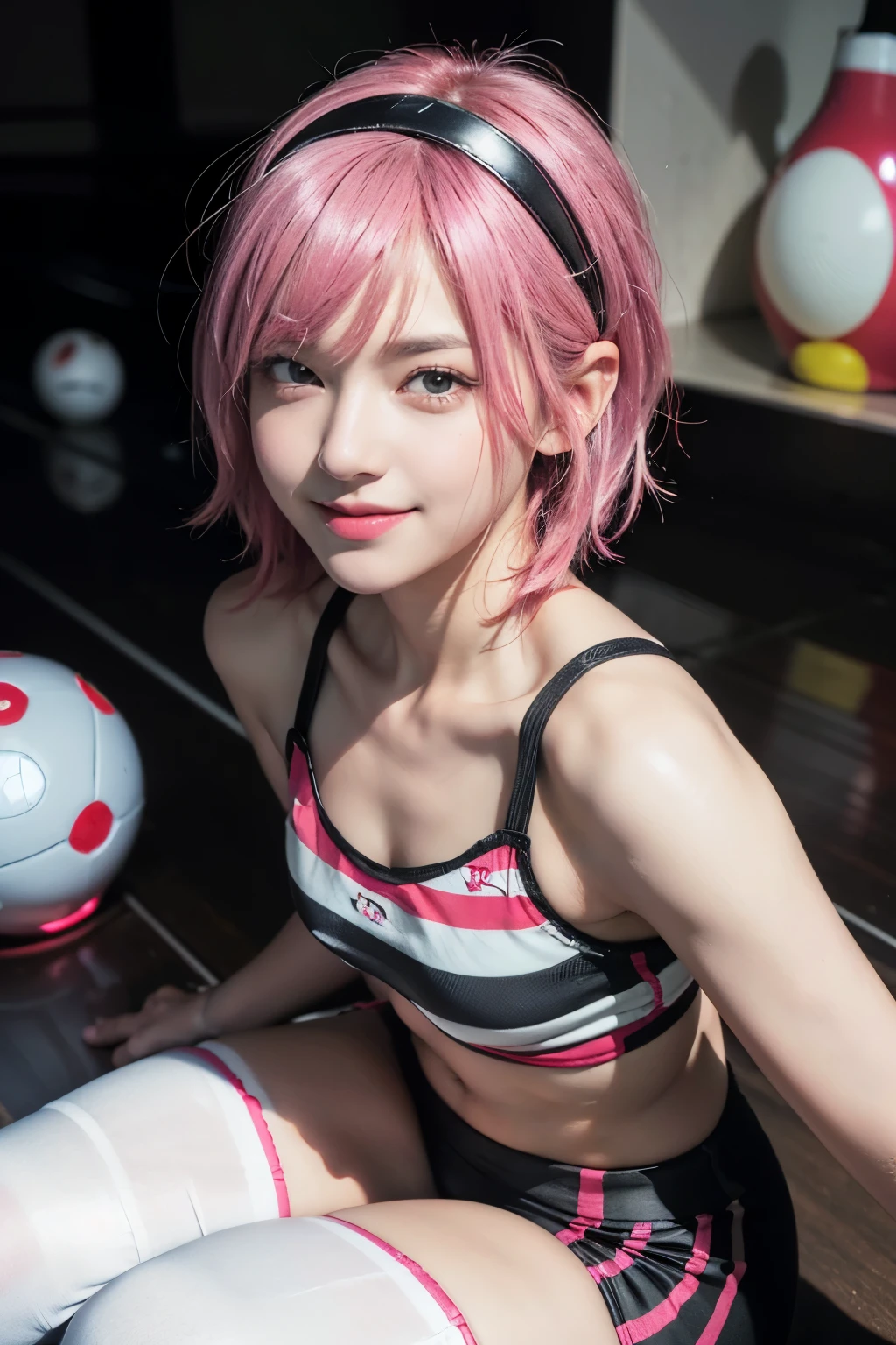 (8K, top-quality, masterpiece:1,2), (reallistic, Photorealsitic:1.37), Super Detail, One girl,), (Highly detailed), (beautifully detailed eyes), (of the highest quality), (super detailed ), (masterpiece), (Detailed face),20yr old, ,1 girl, ((pink hair,Very short hair)), medium breasts, clothed, Perfect Lighting, (sporty style:1.3), (white sports bra:1.4), (red and black striped shirt:1.4), (black leggings:1.4), (team logo on chest:1.3), (bowling pin embroidery on hem:1.3), (white ankle socks:1.2), (black bowling shoes:1.2), (black hairband:1.2), (white gloves:1.2), (bowling ball:1.2), BREAK bangs on left side, right side tucked behind ear, black hairband, bright and cheerful expression, eyes sparkling, mouth slightly open, smiling, white ball with red and black stripes, pins in background, bowling shoes and balls on both sides of lane, wall with Team Pink logo, white light above lane, light reflecting on face and ball, background slightly dark, highlighting subject