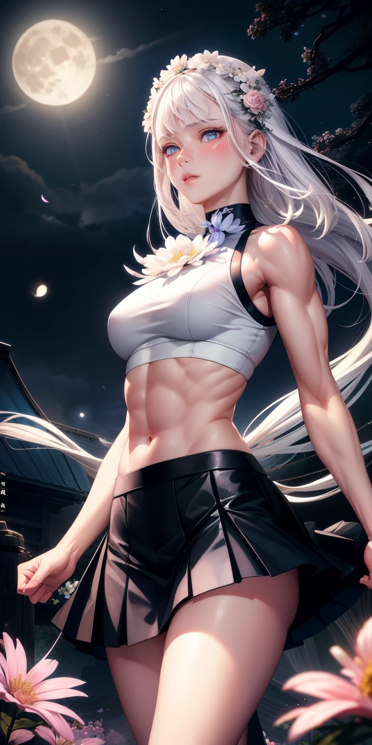 actual, 1 girl, white hair, blue eyes, glowing eyes, crop top, skirt, open lips, blush, Gym, flowers, night, moonlight, abdominal muscles, muscle , biceps