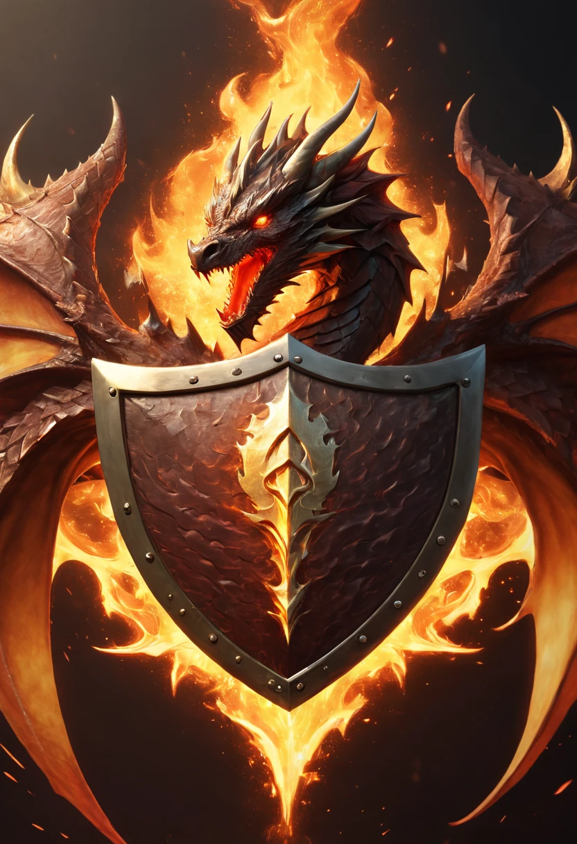 close_up of a Legendary Shield, the dragon flames Surrounded, Holy radiance, powerful power, (best quality, masterpiece, Representative work, official art, Professional, unity 8k wallpaper)