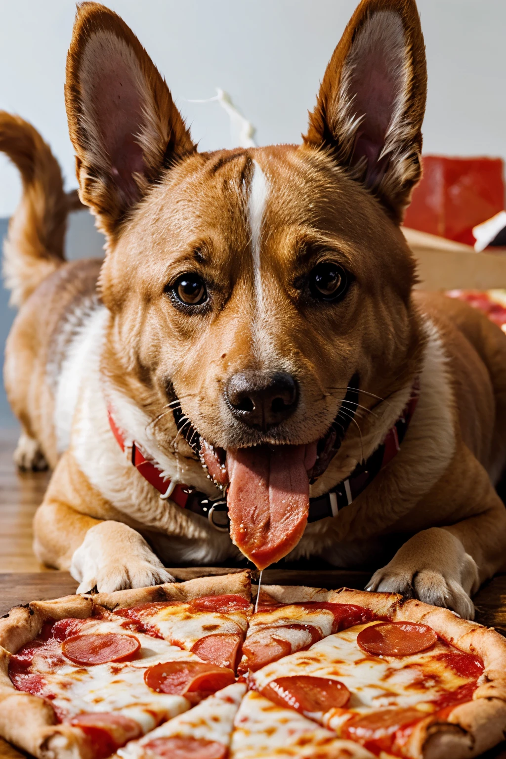 Create a clear image of a dog with a slice of pepperoni pizza in its mouth