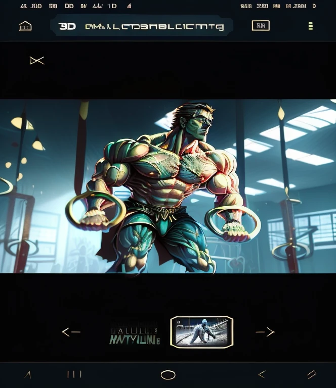 a close up of a man holding a pair of rings in a gym, male calisthenics, exaggerated muscle physique, muscular character, arnold 3d render, arnold 3 d render, smooth 3d cg render, strong body, strong chest, hyper realistic 3 d render, hyper - realistic vfx render, muscular bodies, strong and muscular, athletic body build