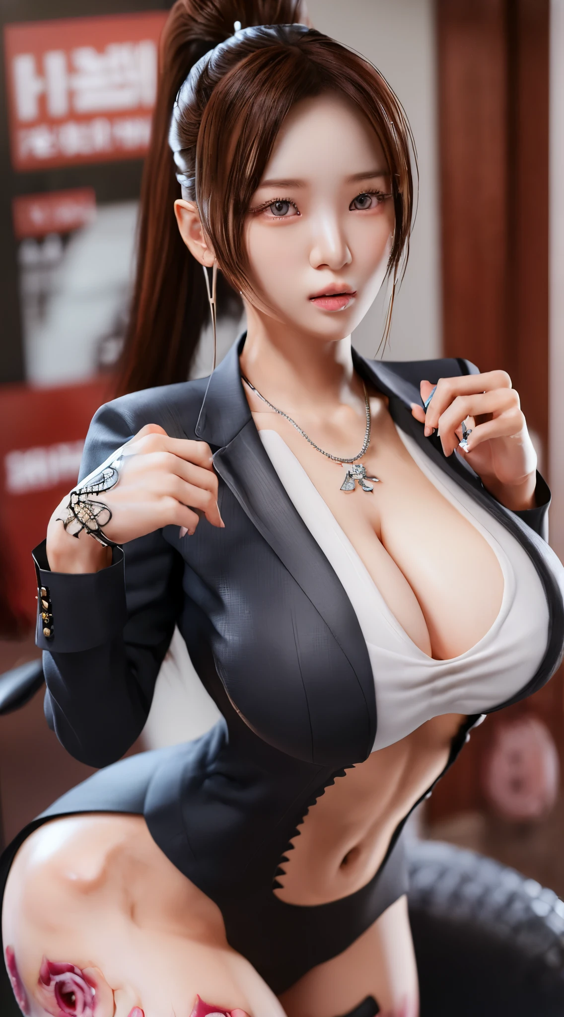    (masterpiece:1.3), (High resolution:1.1), Detailed beautiful face, Detailed beautiful, (huge breasts, gigantic breasts:1.4 there is a woman in a suit posing for a picture, t, [ 4 k photorealism ]!!, super detailed and realistic, seductive  portrait, [ 4 k photorealism ]!!!, [ 4 k digital art ]!!, trending on cgstation, , 8k high quality detailed art, realistic anime 3 d style, highly detailed character, korean girl, Korean sexy 