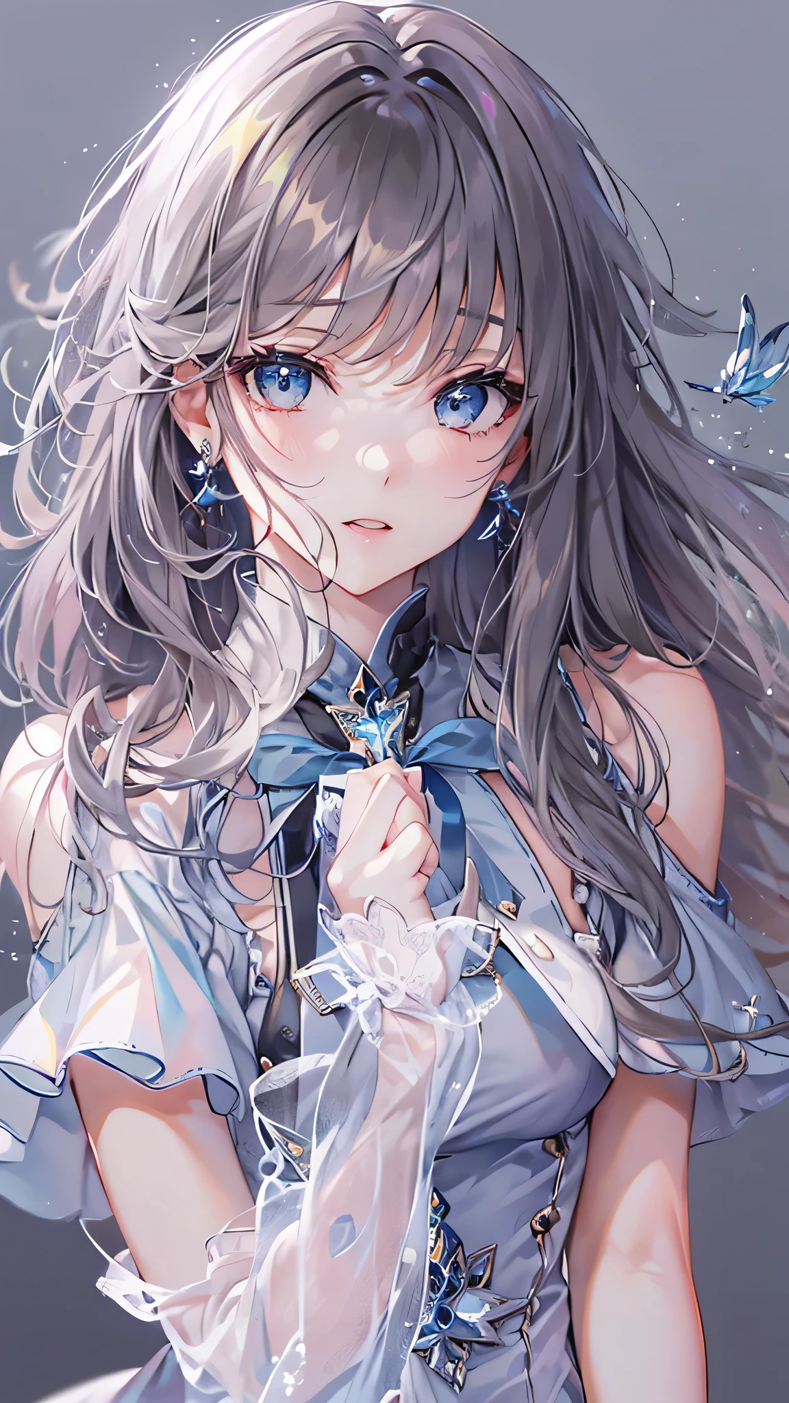 (muste piece, highest quality, ultra high resolution),1 girl,suit , beautiful and detailed face, fine eyes,((Gray and Blue theme)),((whole body)),perfect eyes、no background,white background,((wearing black boots)),((Cute fluttery white dress)),Isshiki、model、Beautiful thin legs、slender body,スーパーmodel