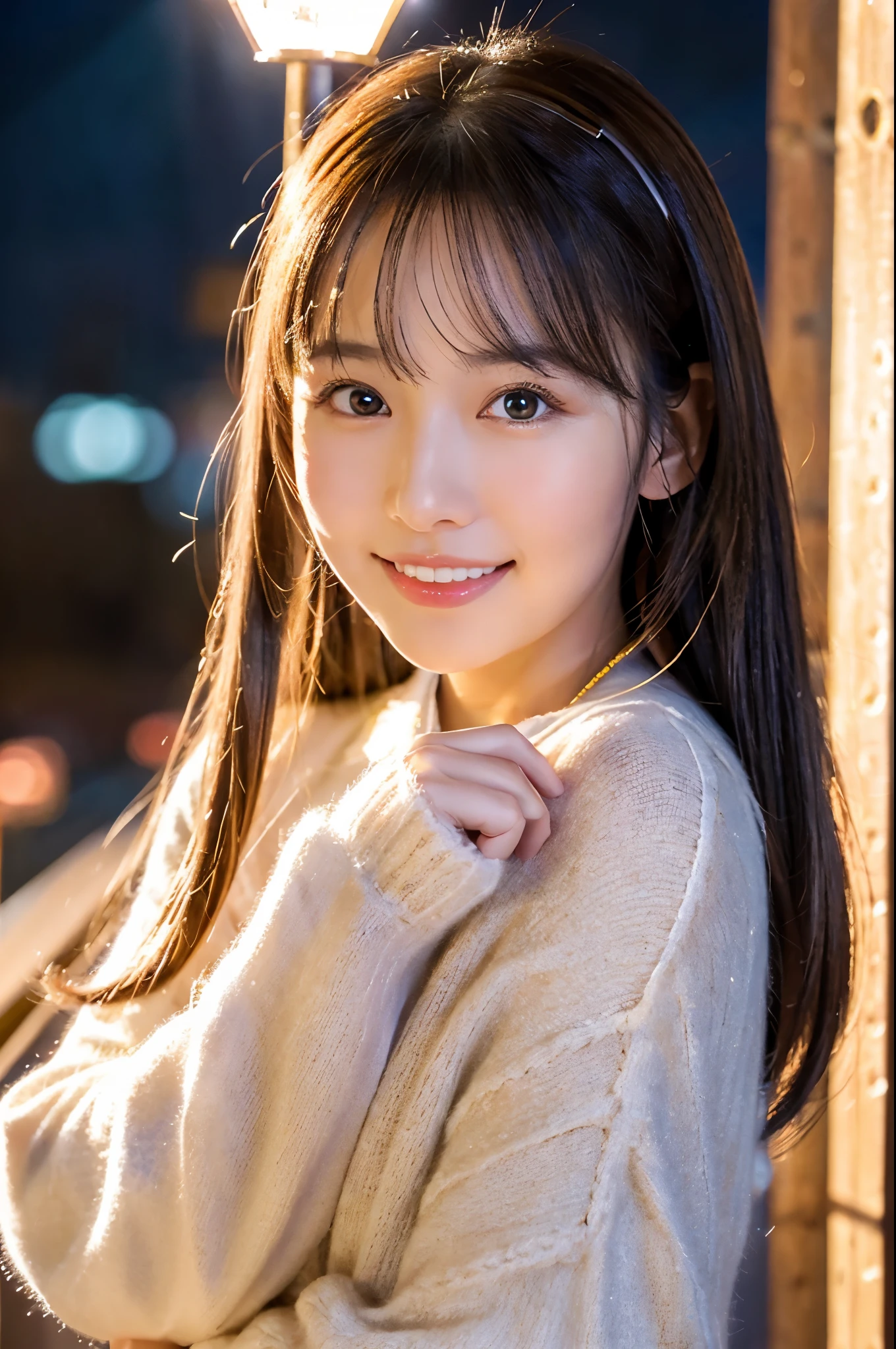 ulzzang -6500-v1.1, (Raw photo:1.2), (Photorealsitic), Beautiful detailed, (Real: 1.4), extremely detailed eye and face, beatiful detailed eyes, ((A very beautiful illumination square at night:1.5)), (( midwinter sweater:1.3, Ultra-realistic pantyhose:1.2))、selfee、Instagram、game_nffsw, huge filesize, hight resolution, ighly detailed, top-quality, [​masterpiece:1.6], illustratio, ighly detailed, nffsw, finely detail, top-quality, 8k wallpaper, Cinematographic lighting,1 girl, 17 years old, perfect body type, cute droopy eyes beautiful big eyes、Pieckfinger, ((masutepiece)), Best Quality, 1 milf, eye shadow,  ((FULL BODYSHOT:1.4))、(Very affectionate smile:1.2)、realistic skin textures、shinny skin、Exposed thighs!!!