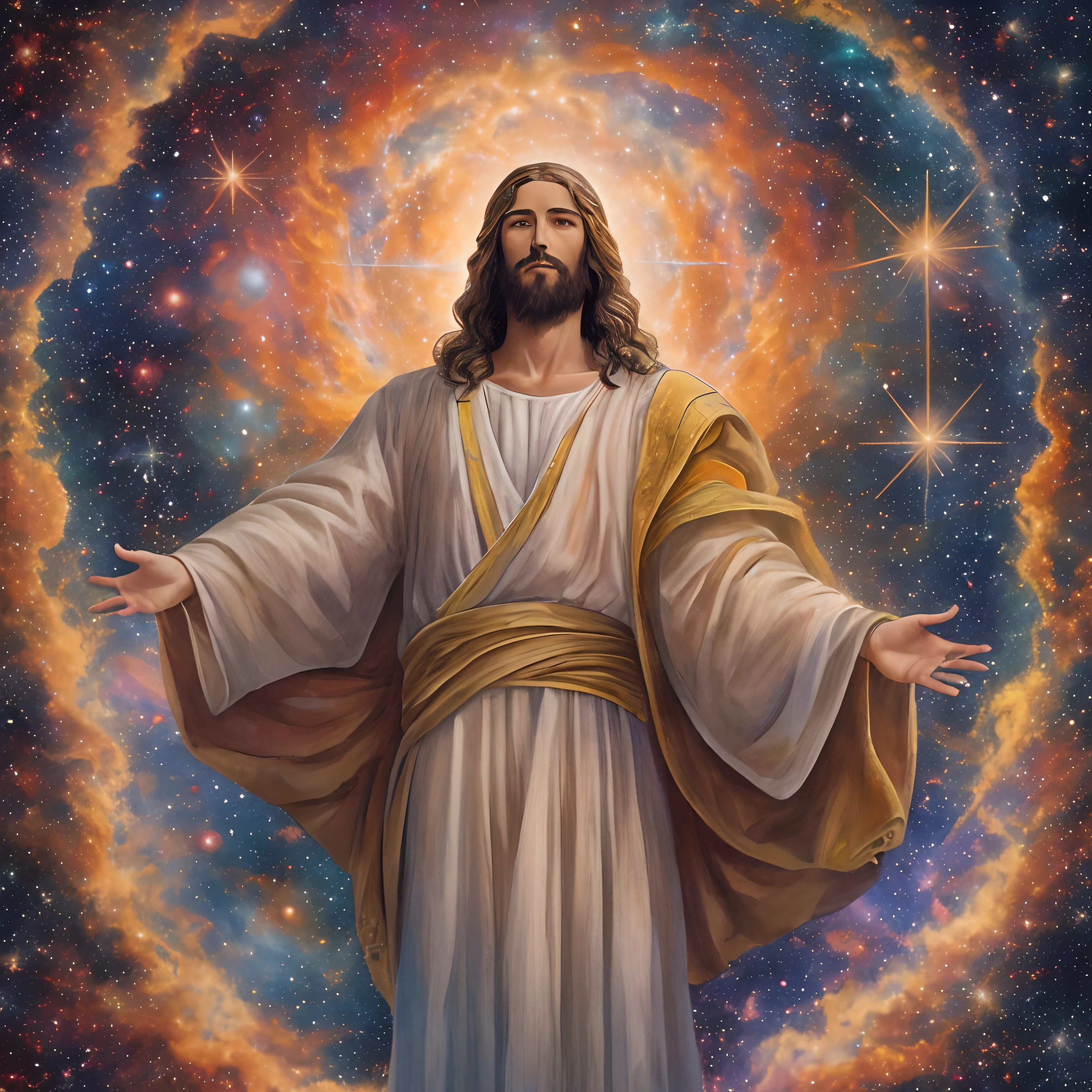 Jesus Cristo, o centro do universo, He is tall and resolute., Looking at the galaxy with outstretched arms. As estrelas e planetas giram em torno dele, orbitando em perfeita harmonia. His robes flow in the cosmic wind, as if he were the embodiment of the universe itself. The scene takes place in deep space, with nebulae and galaxies in the background. The atmosphere is serene and peaceful, as if all creation were at peace in his presence. Artwork, A digital illustration with intricate details and vibrant colors. 16k ultra-detalhado --ar 3:2 --v 4 --q 2