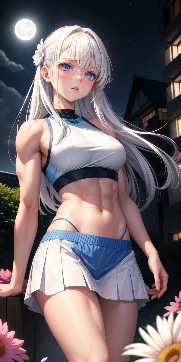 actual, 1 girl, white hair, blue eyes, glowing eyes, crop top, skirt, open lips, blush, Gym, flowers, night, moonlight, abdominal muscles, muscle , biceps