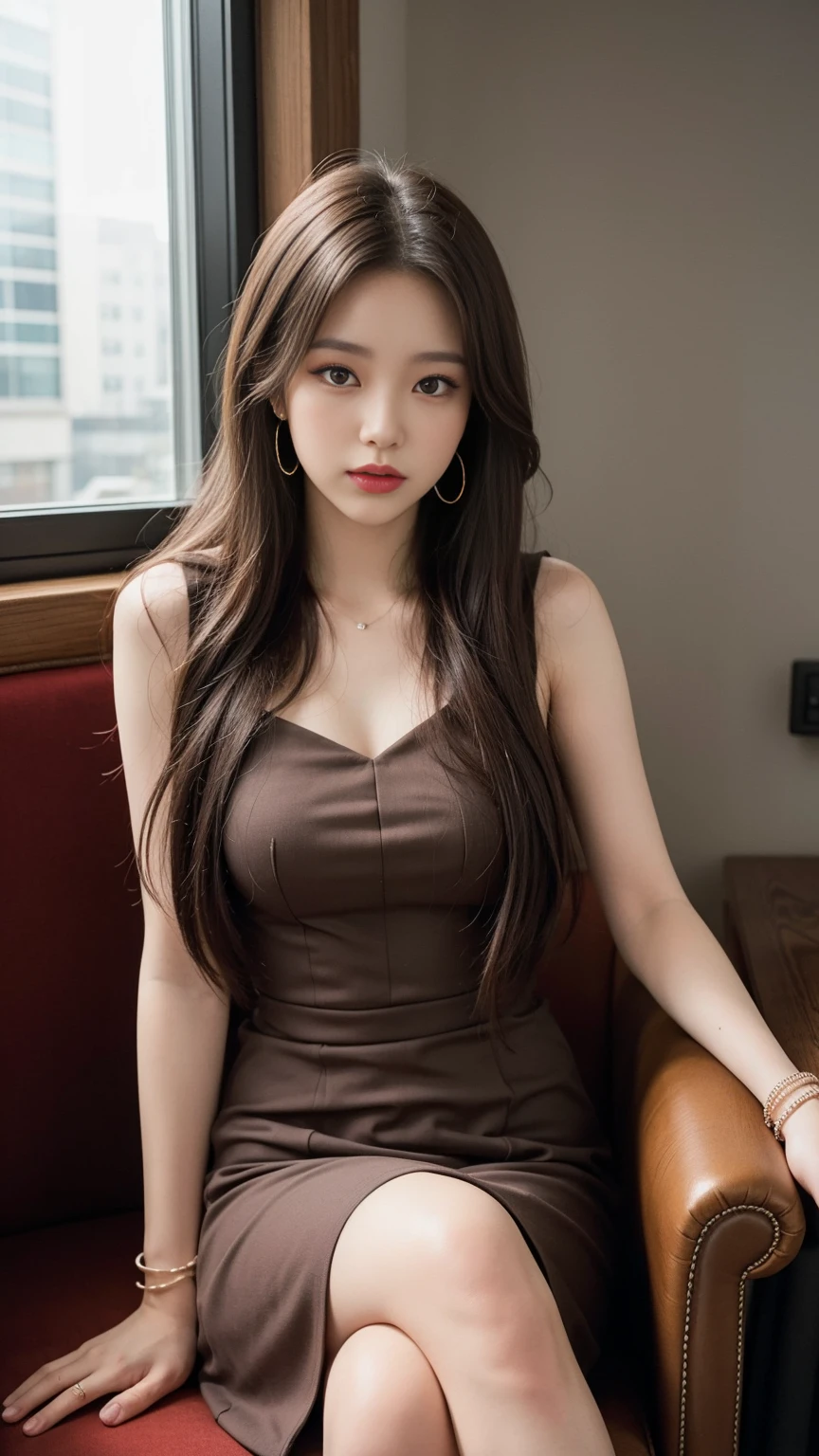 1girl,jewelry,solo,long hair,ring,earrings,sitting,brown hair,bracelet,chair,window,looking at viewer,brown eyes,sleeveless,lips,crossed legs,indoors,detached sleeves,dress,makeup