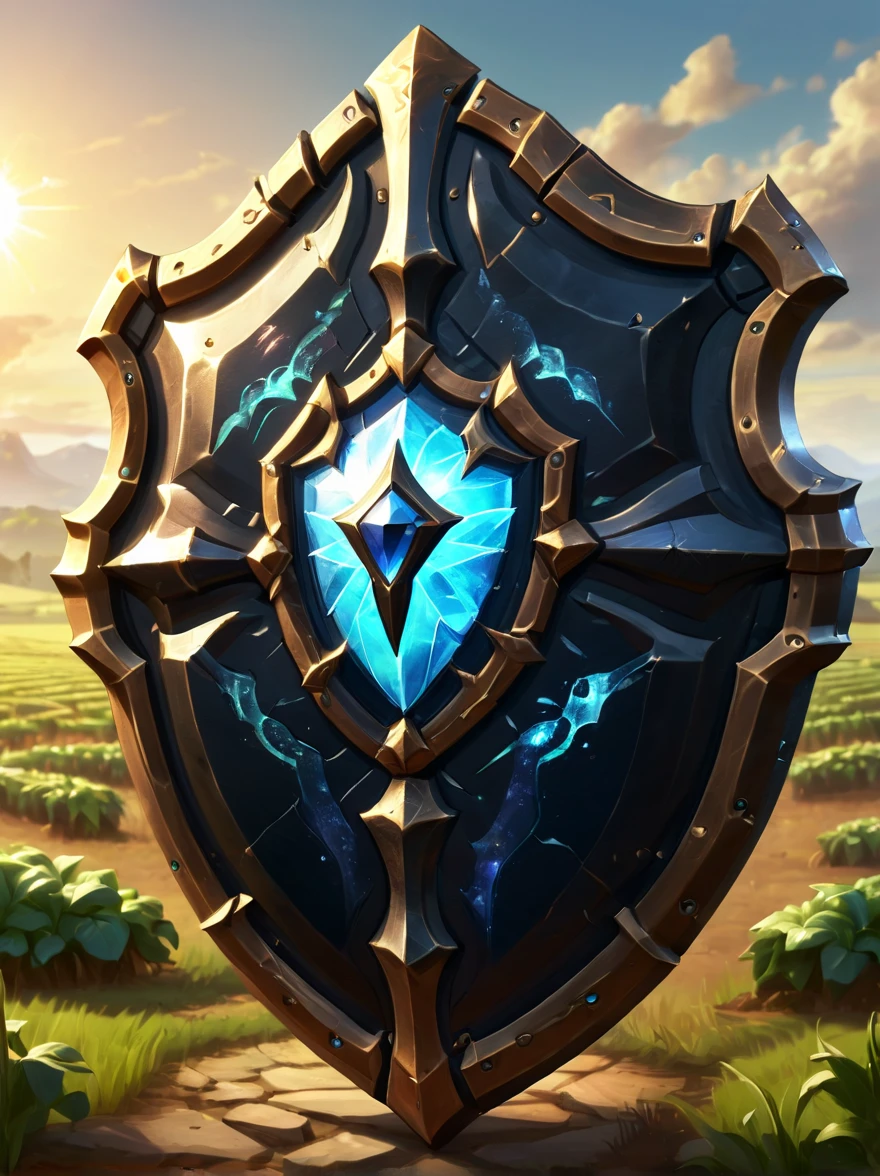 High quality concept game art of Fantasy Obsidian Shield, farmland background, extremely detailed, glowing clear gem power made of intricate obsidian, concept weapon art, Shield of the Sun God