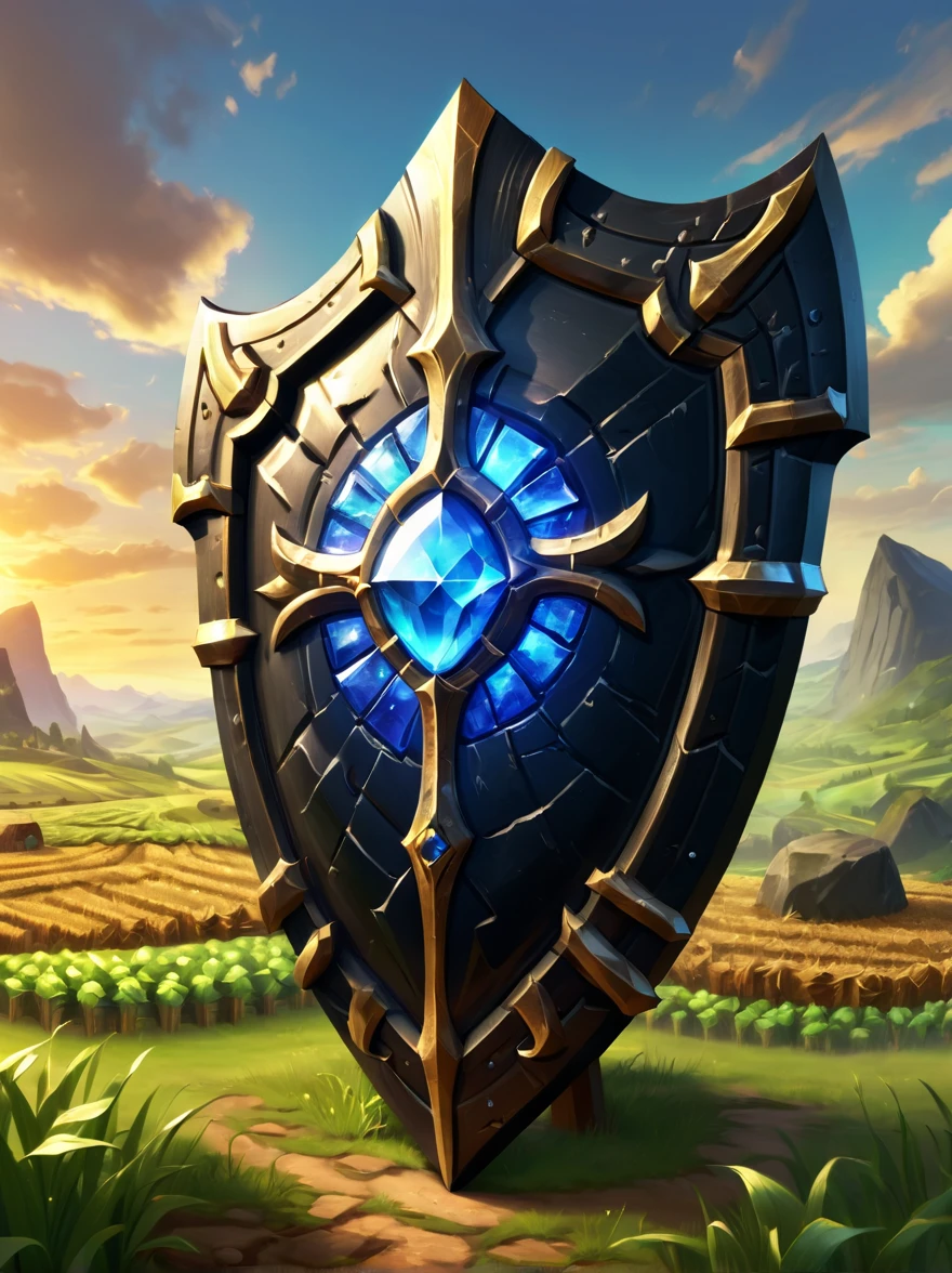 High quality concept game art of Fantasy Obsidian Shield, farmland background, extremely detailed, glowing clear gem power made of intricate obsidian, concept weapon art, Shield of the Sun God