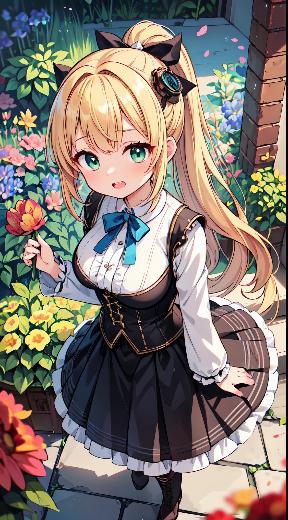 (super fine illustration:1.2),(masterpiece, 8k), (best quality, high quality:1.4), perfect anatomy, hyper detailed, ultra detailed,masterpiece background,beautiful detailed background, v8k wallpaper,perfect design,award-winning art,atmospheric,


BREAK,  1 beautiful girl, girl, (cute:1.5),(Little:0.5),(cute:2.0),(change:2.0),(12 year old girl),(big breasts:1.65),(chin hair,blonde,blue bow,green eyes,Eyebrows visible through the hair,side lock,long hair with bangs parted, hair flower, hair ornaments, big ribbon in hair, curly hair, ponytail:1.6),:he, white feathers, one thin white wing, Ang he wings, spread your wings, shining wings),pit \black},glowing skin, beautiful skin, Shining beautiful skin, open your mouth, bashful smile, alone, tooth, upper teeth,(long eyheashes, double eyheids:1.2),alone, glowing skin, beautiful skin, Shining beautiful skin,(highest quality face),(highest quality shining eyes),

BREAK, (steampunk-inspired motif:1.33), smoky lace, brown corset, (closed collar long-sleeved blouse:1.2) heavy coat with black frills, a volumey pannier under a (long skirt:1.3), lace ruffle socks, top hat, goggles, lace-up boots, leather glove, steampunk-items,BREAK, (flower garden:1.8), (magic circle:1.3), (fantasy:1.5), (long shot:1.5), Midday, (light rays:1.2), lights, blue sky, wind, fluttering petals, illusion effect, magic effect,



BREAK,wakame,wakame,wakame,(looking up,from front above:1.5) 

(going up on stairs:1.5),


BREAK,(Blurry background:1.3),(absurderes, hight resolution, Super Detail Art),cel shading,Clear Color, Lonely optical effect, Beautiful pictures, Bright glow, mystic atmosphere,(Close-up of girl:1.1), Mystical light particle effect,manga influence, clean line drawings, 