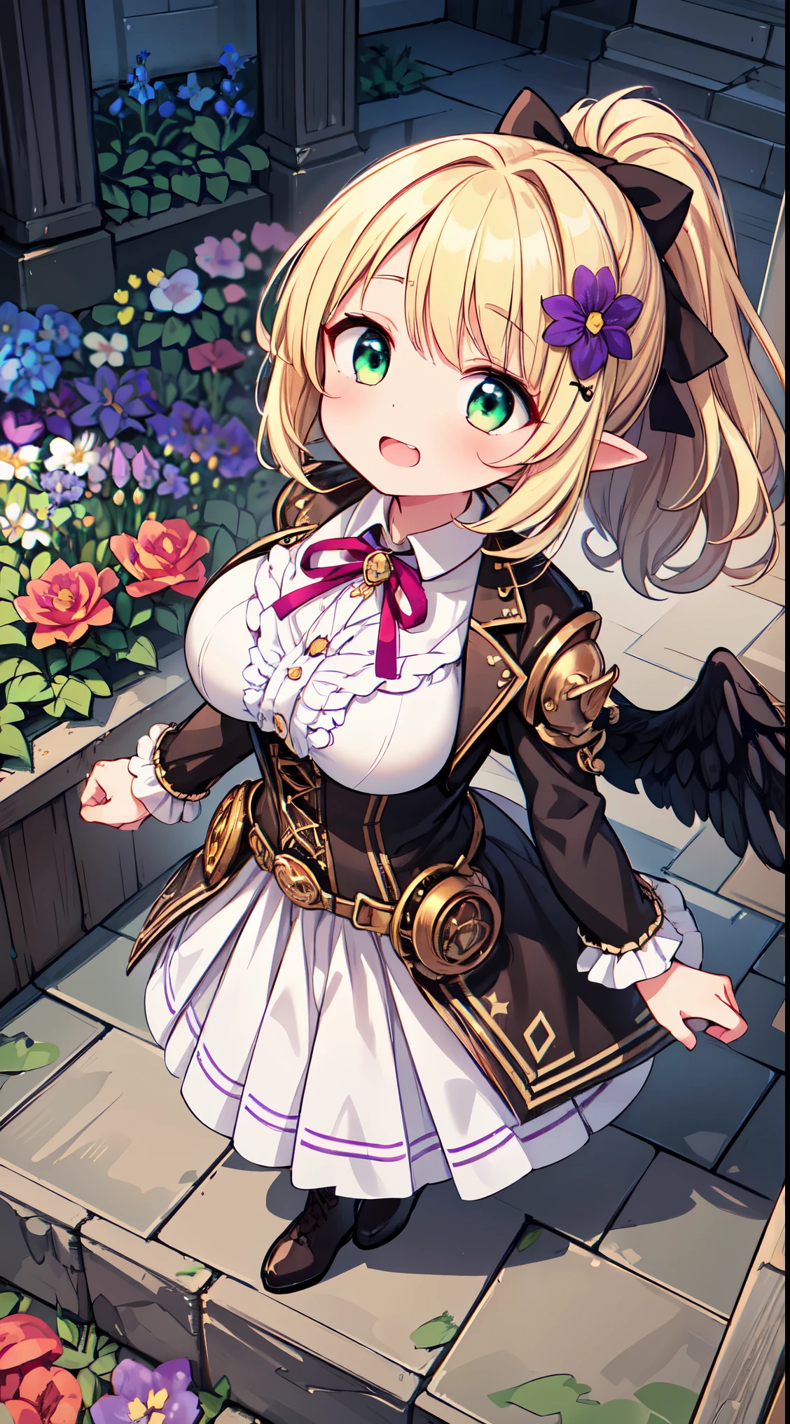 (super fine illustration:1.2),(masterpiece, 8k), (best quality, high quality:1.4), perfect anatomy, hyper detailed, ultra detailed,masterpiece background,beautiful detailed background, v8k wallpaper,perfect design,award-winning art,atmospheric,


BREAK,  1 beautiful girl, girl, (cute:1.5),(Little:0.5),(cute:2.0),(change:2.0),(12 year old girl),(big breasts:1.65),(chin hair,blonde,blue bow,green eyes,Eyebrows visible through the hair,side lock,long hair with bangs parted, hair flower, hair ornaments, big ribbon in hair, curly hair, ponytail:1.6),:he, white feathers, one thin white wing, Ang he wings, spread your wings, shining wings),pit \black},glowing skin, beautiful skin, Shining beautiful skin, open your mouth, bashful smile, alone, tooth, upper teeth,(long eyheashes, double eyheids:1.2),alone, glowing skin, beautiful skin, Shining beautiful skin,(highest quality face),(highest quality shining eyes),

BREAK, (steampunk-inspired motif:1.33), smoky lace, brown corset, (closed collar long-sleeved blouse:1.2) heavy coat with black frills, a volumey pannier under a (long skirt:1.3), lace ruffle socks, top hat, goggles, lace-up boots, leather glove, steampunk-items,BREAK, (flower garden:1.8), (magic circle:1.3), (fantasy:1.5), (long shot:1.5), Midday, (light rays:1.2), lights, blue sky, wind, fluttering petals, illusion effect, magic effect,



BREAK,wakame,wakame,wakame,(looking up,from front above:1.5) 

(going up on stairs:1.5),


BREAK,(Blurry background:1.3),(absurderes, hight resolution, Super Detail Art),cel shading,Clear Color, Lonely optical effect, Beautiful pictures, Bright glow, mystic atmosphere,(Close-up of girl:1.1), Mystical light particle effect,manga influence, clean line drawings, 