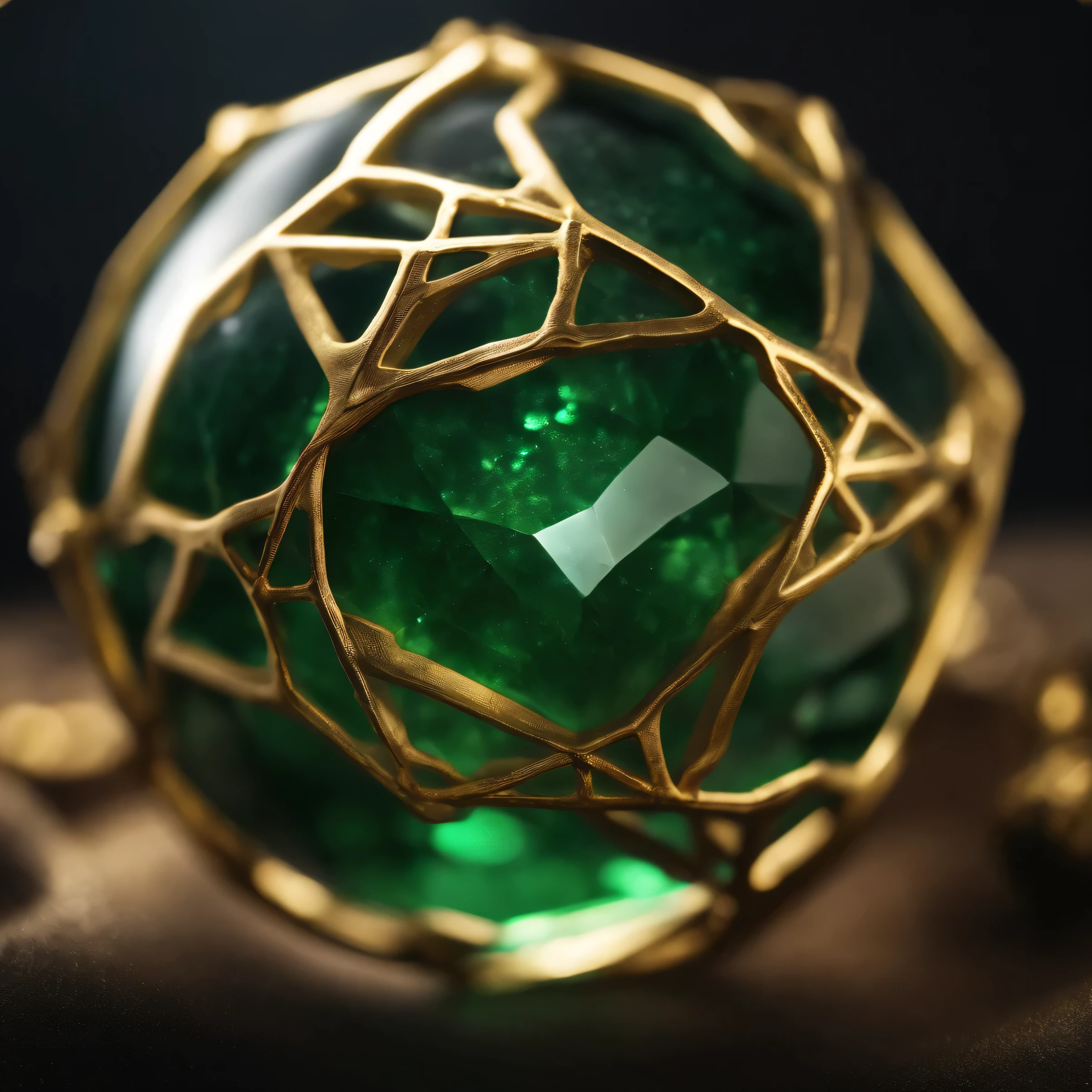 an emerald gemstone enclosed in an intricate spherical web of gold
