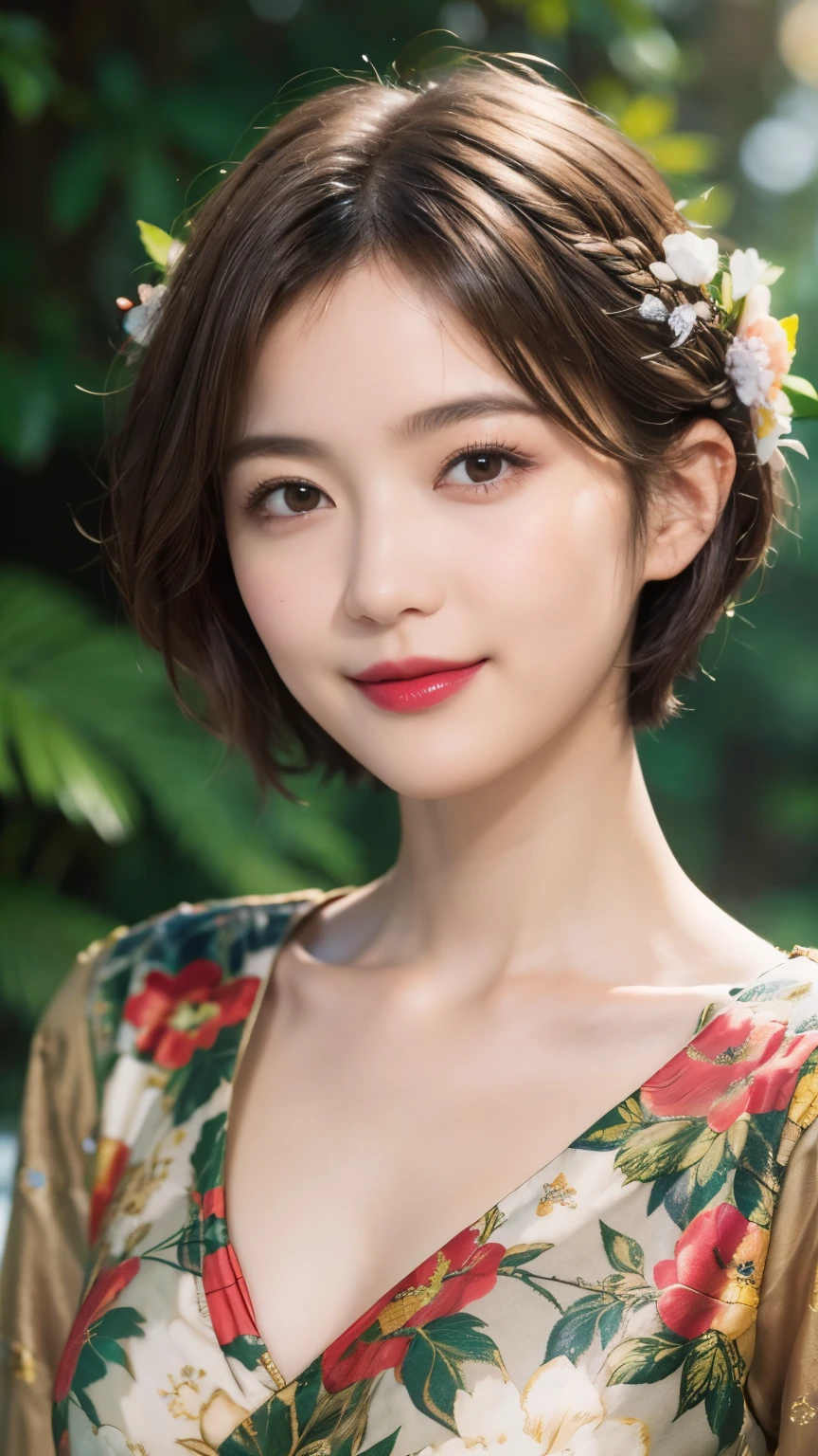 148
(20 year old woman,Floral costume), (surreal), (High resolution), ((beautiful hairstyle 46)), ((short hair:1.46)), (gentle smile), (breasted:1.1), (lipstick)
