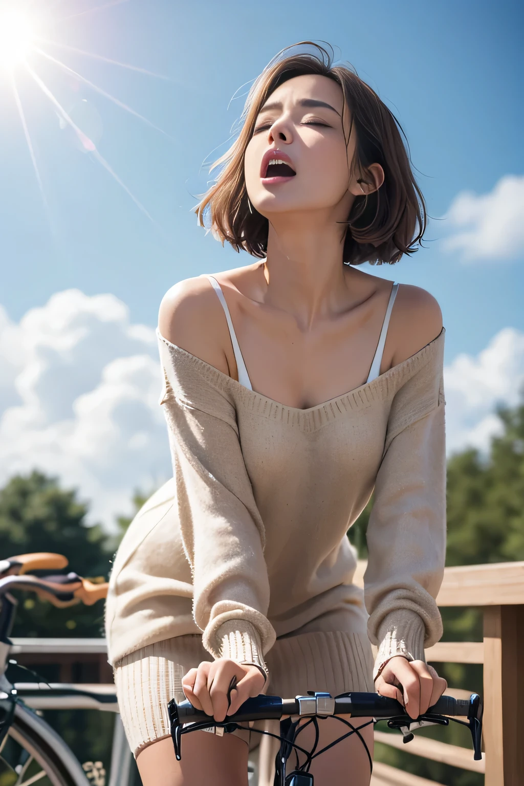 (((best image quality、highest quality、At 32K、ticker、Raw photo 1.2、very clear image、very clear image quality、realistic 1.3、super photographic,highest quality、CG unity 32k wallpaper, highest quality, High resolution:1.2)))、Beautiful 20s shoulder length sweater,lace pantyhose, white top and bottom underwear, random color,long sweater,climax、climax、my pussy feels good、Raw photo with both close your eyes, cute face、body、Esbian、1 camisole、look up、plus size model、Feeling ecstasy、close your eyes、Deep sorrow、sad、Please look up at the sky、open your mouth、scream、 written boundary depth,real light,ray tracing,OC renderer,UE5 renderer,works of masters,correct anatomy、I feel very、ride a bike 1.4、I feel it in the saddle、Angle 1 from below.4、low angle 1.4