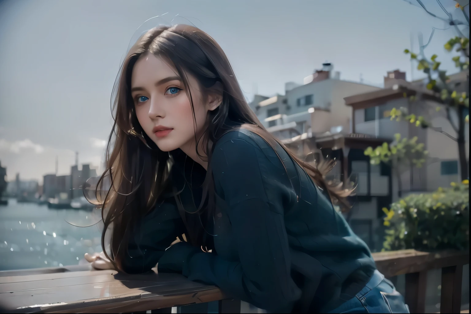 1girl,long teal hair,blue eyeball,beautiful detailed eyes,beautiful detailed lips,wearing black sweater,gray jeans,best quality,realistic,ultra-detailed,70mm lens,highres,ultra-fine painting,professional,vivid colors,portrait painting,soft lighting,teal color tone