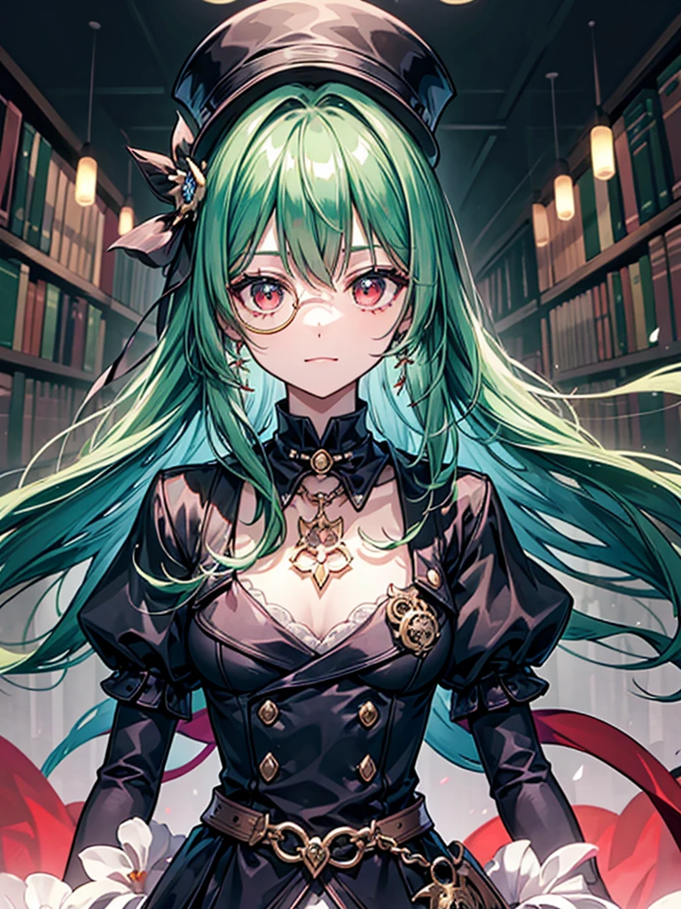 (((masterpiece、Highest image quality、highest quality、highly detailed unity 8kwallpaper)))、((Illustration of one girl、upper body))、(((beautiful girl)))、(librarian)、(Emerald green hair、sidelocks:1.2、red eyes、crazy smile)、(((flat chest)))、(monocle)、pocket watch、(((Black top hat、Black tuxedo)))、great medieval library