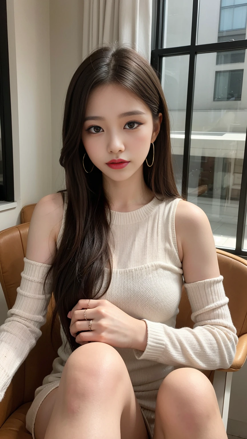 1girl,jewelry,solo,long hair,ring,earrings,sitting,brown hair,bracelet,chair,window,looking at viewer,brown eyes,sleeveless,lips,crossed legs,indoors,detached sleeves,dress,makeup