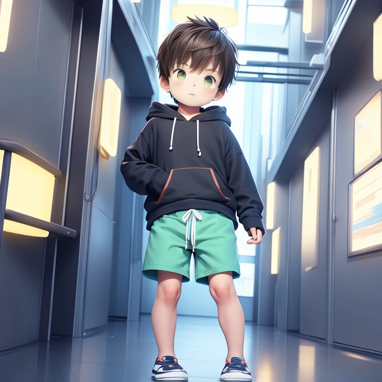 male child, with brown hair and blue hoodie and green shorts and brown eyes., diferent perspectives for references 