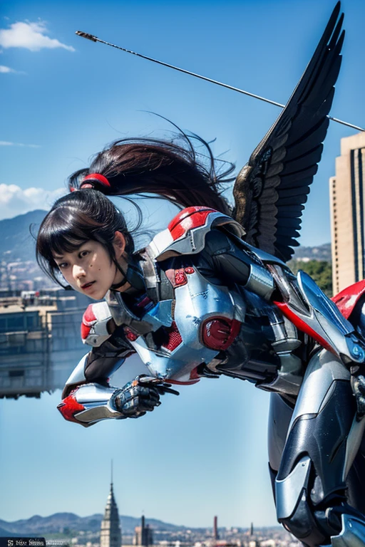 top quality, masterpiece, extremely detailed CG unity 16K wallpaper, ultra-high resolution, high definition, (perfect body, correct anatomy, symmetrical face:1.5), (from front view:1.4), (dynamic:1.1), sci-if, professional photo, raw photo, photorealistic, cinematic lighting, sharp focus, depth of field, 1 girl, ((, 16 y)), ((mecha-musume:1.3)), solo, ((cowboy shot:1.1)), looking at viewer, intricately detailed face, hyper-realistic skin texture, black hair, (ponytail, short hair:1.2), highly detailed skin, highly detailed eyes, dark eyes, bright eyes, ultra-realistic nose and lips, slim outline of the face, (expressive face, anger:1.2), (flying, aerial combat against villain:1.5), ((powered suit, highly weaponized body:1.4)), slender, medium breast, perfect body proportion, ((a pair of huge wings and twin engines:1.5)), (((equipped with a large blaster rifle:1.3))), (((sky above the city, sunny day, noon, daytime:1.5)))