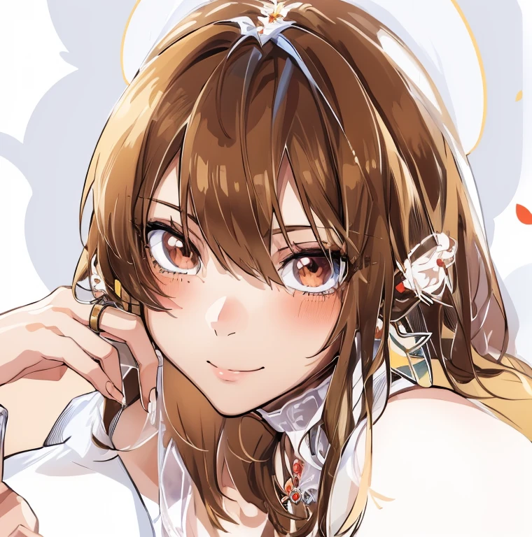 (masterpiece, best quality:1.2),  cervina, 1girl, dress, brown eyes, jewelry, flower, necklace, veil, butterfly, smile, solo, white dress, bug, hair flower, white flower, looking at viewer, breasts, closed mouth, braid, hand up, blush, cat, upper body, wedding dress, brown hair, bare shoulders, hair ornament, animal, sleeveless, collarbone, see-through, pearl necklace, petals, bangs, bridal veil, sleeveless dress