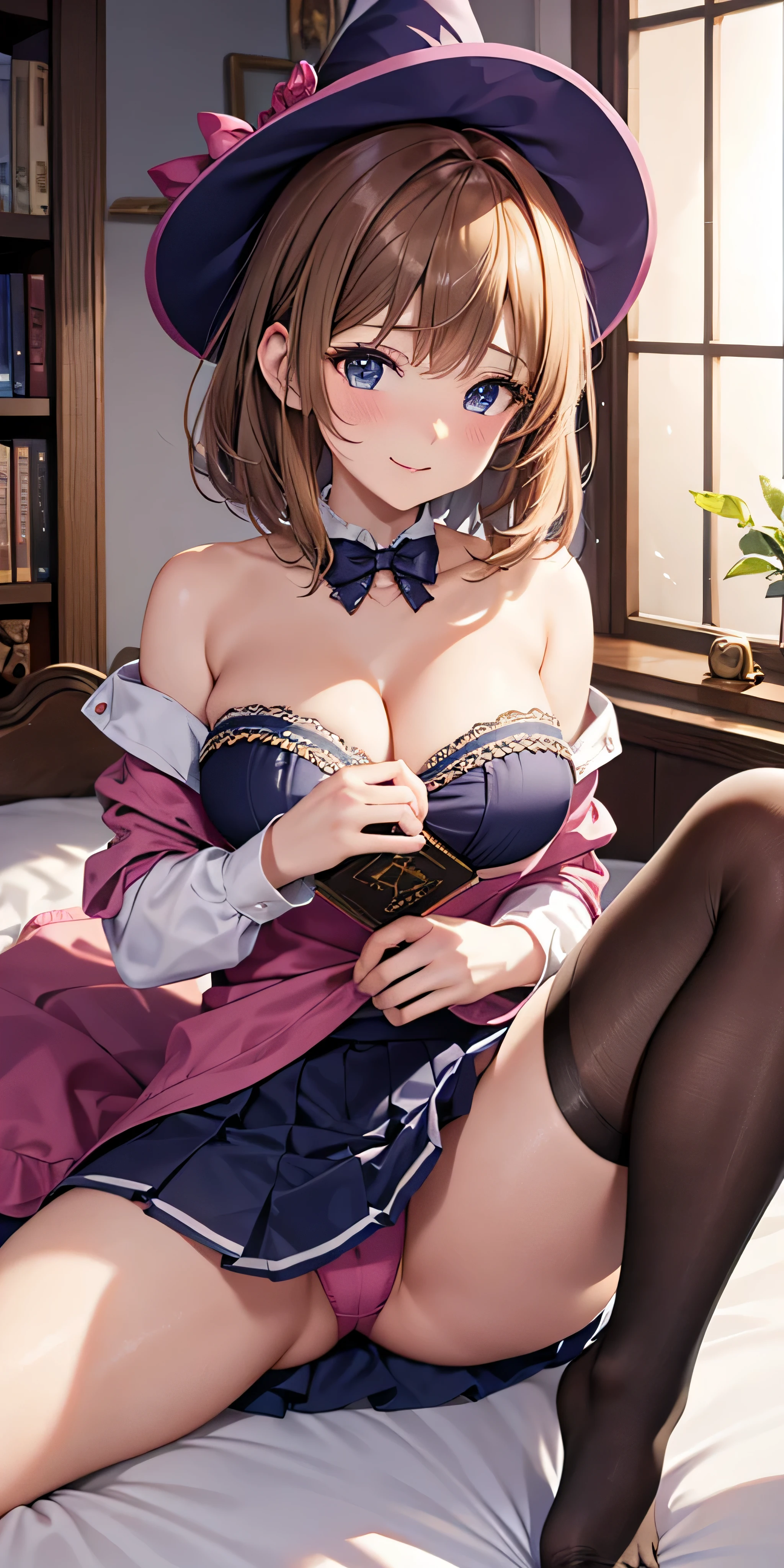 debris flies, highest quality, Highly detailed CG Unity 8K wallpaper, sexy witch , short hair、Dark blonde wavy hair、off shoulder knit, dark blue pleated skirt, stockings、medium breasts, saggy breasts, Pose that emphasizes the chest, blush, shy smile, bare shoulders, (((、open your legs wide、please open your knees、Hold the magic wand between your breasts)))、、nice magic book、church bed、lying in bed、stick out your butt、pink panties、pink good