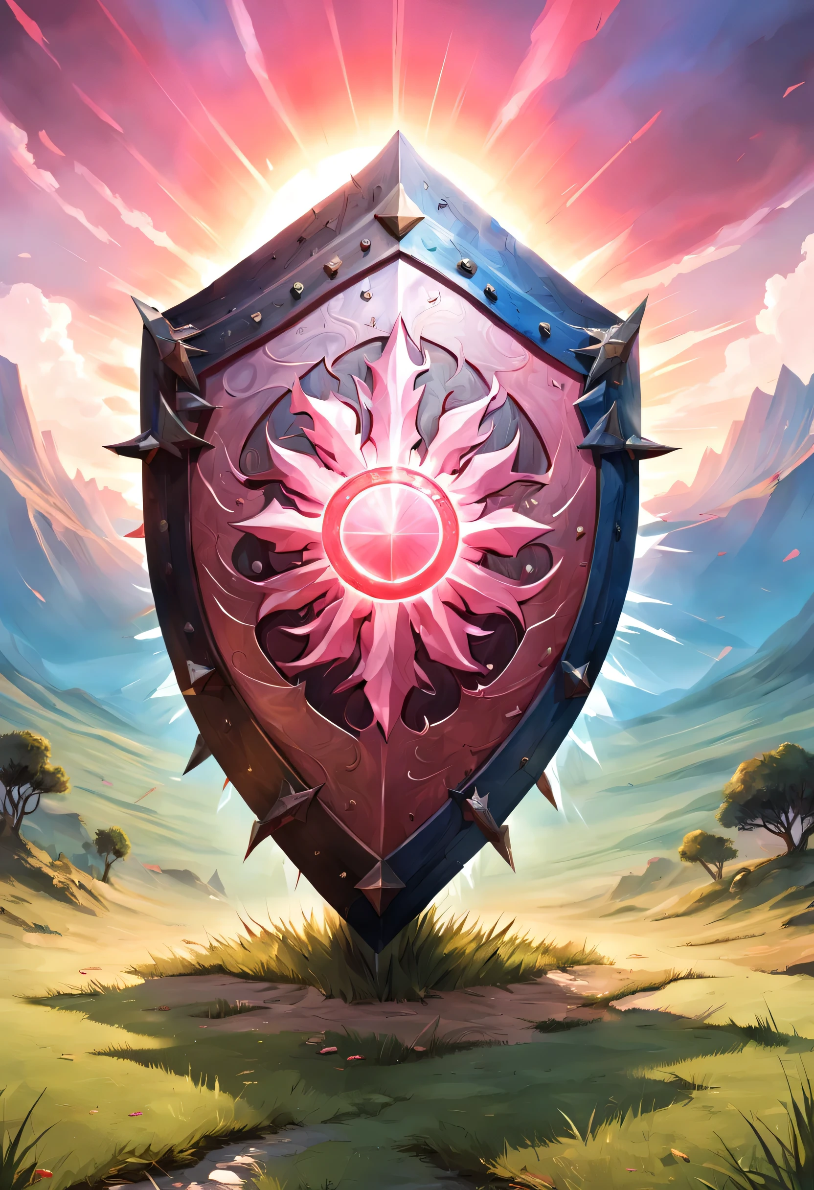 fantasy art, dnd art, RPG art, wide shot a picture of a massive shield standing on a grassy hilltop, the sun rises behind the shield, the sky is red and blue and pink, its dawn  