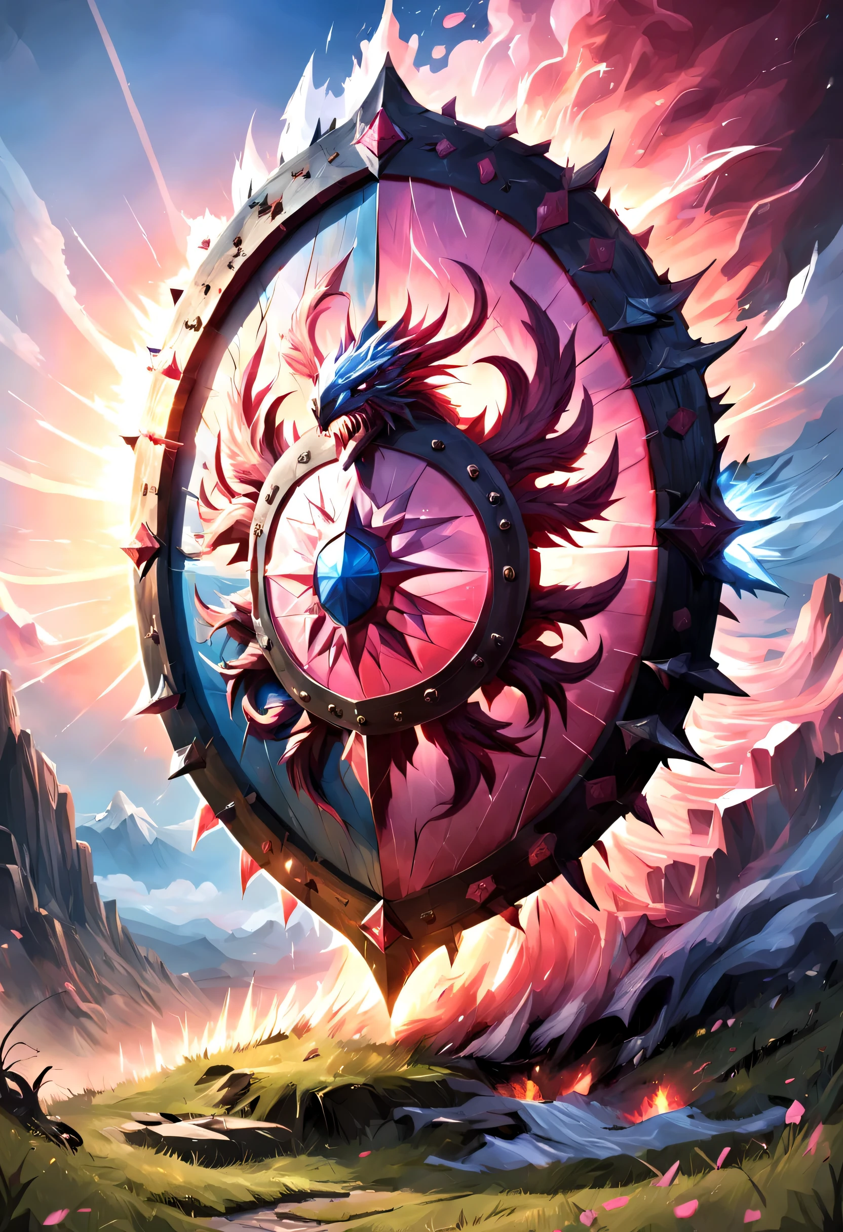 fantasy art, dnd art, RPG art, wide shot a picture of a massive shield standing on a grassy hilltop, the sun rises behind the shield, the sky is red and blue and pink, its dawn  