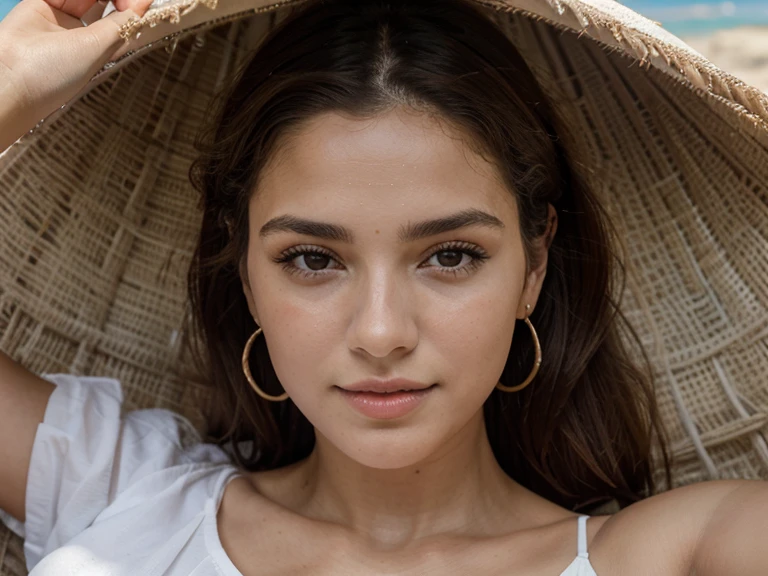 obra de arte, melhor qualidade, ultra-detalhado, feliz, lindo rosto redondo,Spanish woman with symmetrical face and full lips , lindos olhos verdes, (((Barbara Morí))), em uma praia italiana, UnrealEngine, olhando para o espectador, foto realista, hipnotizante, atrevido, summer dress