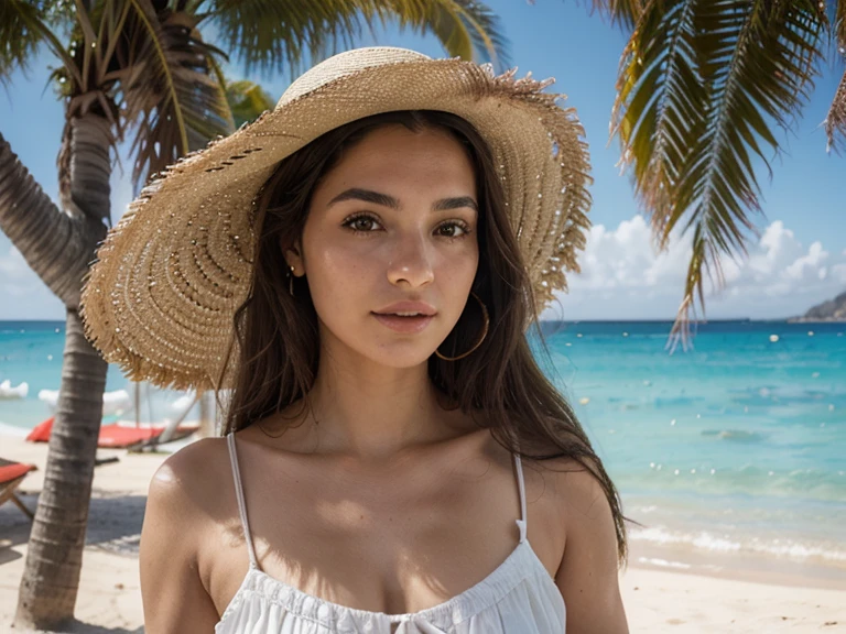 (8k, highest quality, ultra detailed:1.37), (Janette), 18yo, (an Afrikaner college girl), radiates bohemian beauty on a sandy beach. Dressed in a flowing Boho Dress and a wide-brimmed Hat, she enjoys the sun and ocean breeze. The high-resolution image captures ultra-detailed realism, highlighting Janette's captivating eyes, long eyelashes, and flawless complexion. The picturesque beach setting, with turquoise waters and palm trees, adds to the serene atmosphere, creating a visually stunning representation of Janette's beach boho beauty.