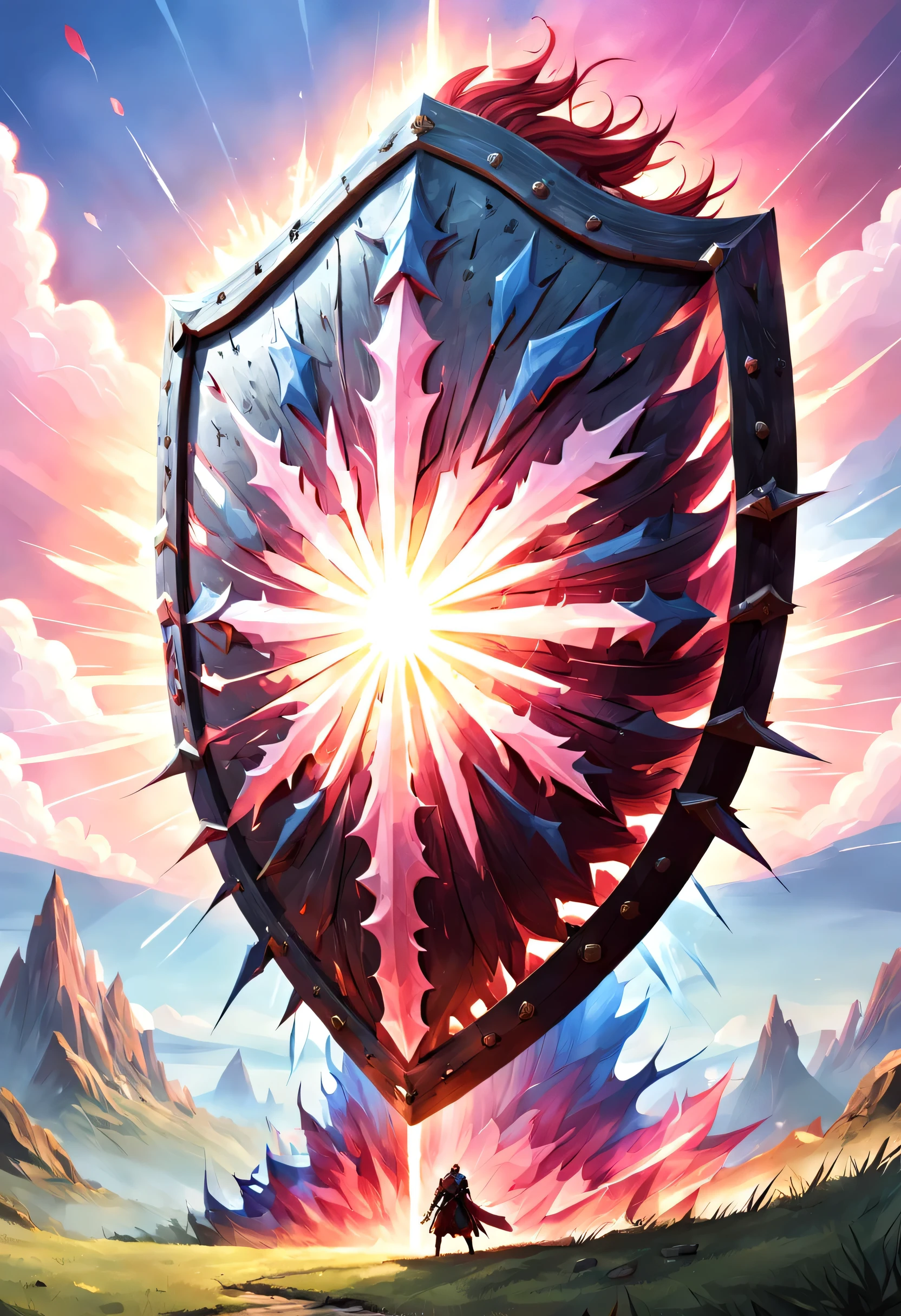 fantasy art, dnd art, RPG art, wide shot a picture of a massive shield standing on a grassy hilltop, the sun rises behind the shield, the sky is red and blue and pink, its dawn
