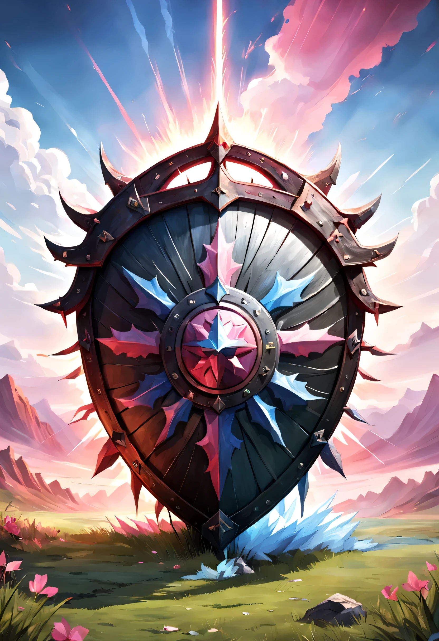 fantasy art, dnd art, RPG art, wide shot a picture of a massive shield standing on a grassy hilltop, the sun rises behind the shield, the sky is red and blue and pink, its dawn