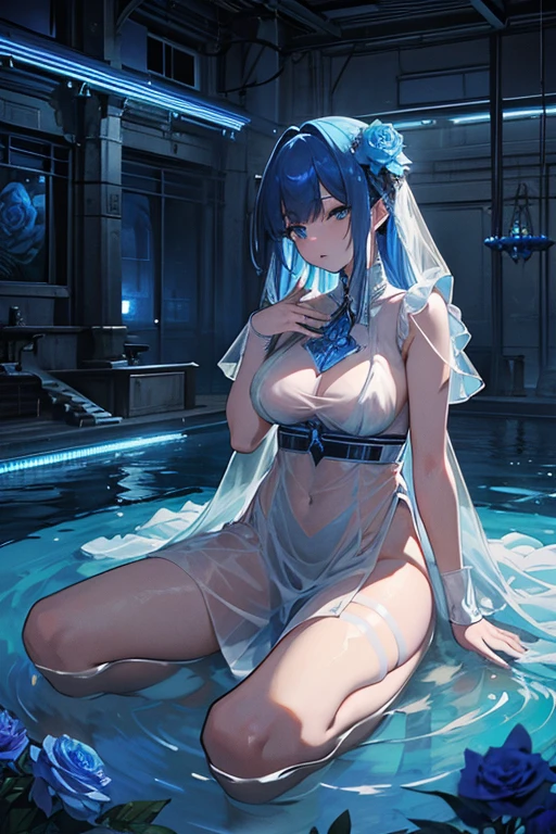 (highest quality, 8K, 32K, masterpiece, UHD: 1.3), 1 female, (Oversized: 1.3), perfect figure,, (attractive), (Sheer skin)) 、((((Transparent see-through dress))))、see-through dresses、lace sheer dress、Transparent dress、Sheer skin、Transparent dressを着た美しい裸の女性、solo、best style、、The most beautiful in the world、unparalleled beauty、long hair、 ((blue bathhouse)),、Blue lighting. concept art stunning atmosphere, blue atmosphere, beautiful concept art, Dark Majestic gorgeous public bath,、(blue water辺、blue water)、blue stone、blue stone、blue reflection、Cyan color、get wet in blue water、Blue light、blue flower、Blue roses、Blue World、Expressive、sexy pose、s design