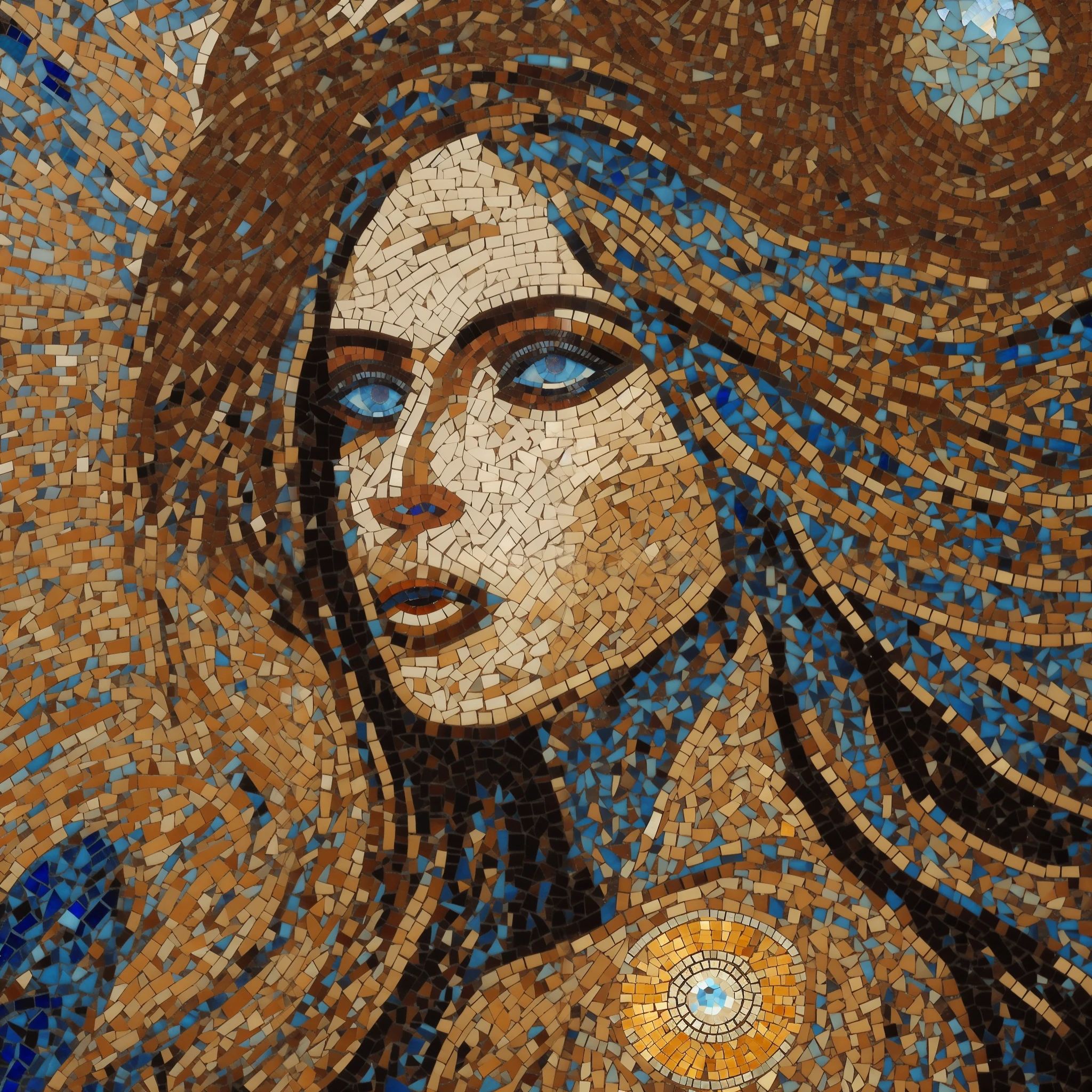 a close up of a mosaic of a woman with blue eyes, a stunning portrait of a goddess, goddess portrait, mosaic, stunning art, portrait of a cosmic goddess, portrait of a beautiful goddess, amazing art, by Galen Dara, amazing, art of alessandro pautasso, goddess close-up portrait, goddess art, gorgeous art, goddess of the sun