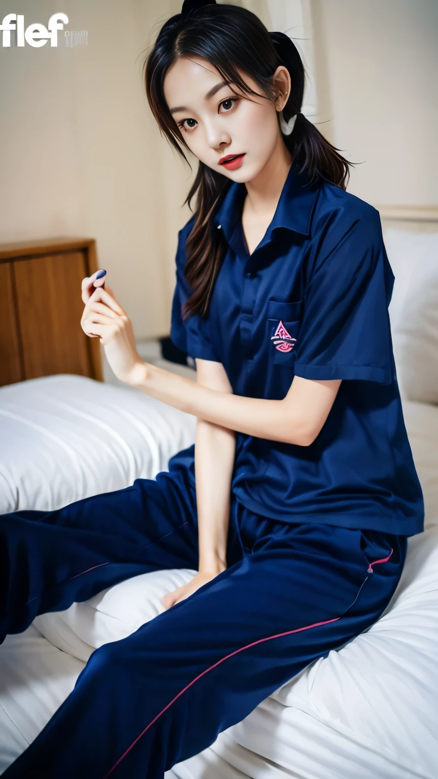 Girl in the bedroom, Navy blue short-sleeved shirt,Navy Long Trackpant,Sweatpants, Sweatpantsขายาว,25 year old girl, lesbian, sexy, exercise clothes