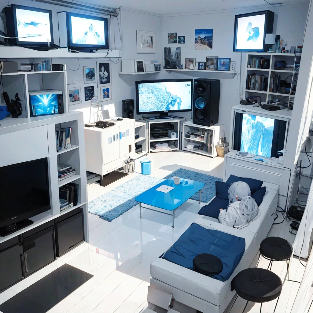 the room is covered with televisions, video and other electronic devices, white and blue, gender bending,1girl