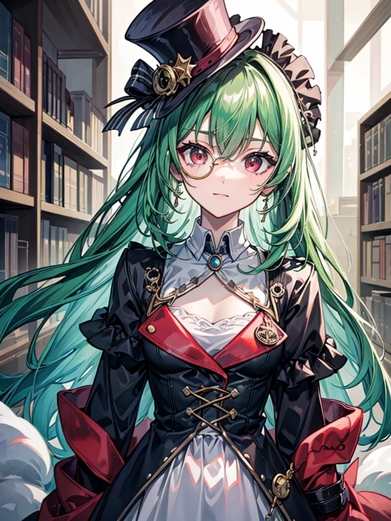 （（（masterpiece、Highest image quality、highest quality、highly detailed unity 8ｋwallpaper）））、（（Illustration of one girl、upper body））、（（（beautiful girl）））、（librarian）、（Emerald green hair、sidelocks：1.2、red eyes、crazy smile）、（（（flat chest）））、（monocle）、pocket watch、（（（Black top hat、Black tuxedo）））、great medieval library