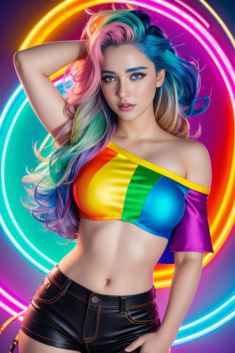 a award winning portrait of a beautiful woman with stunning eyes in a one off shoulder croptop and cargo pants with rainbow colored hair, outlined by whirling illuminated neon lines and fine lines swirling in circles by jesper ejsing and rhads and makoto and shinkai and lois van baarle, digital art, trending on artstation