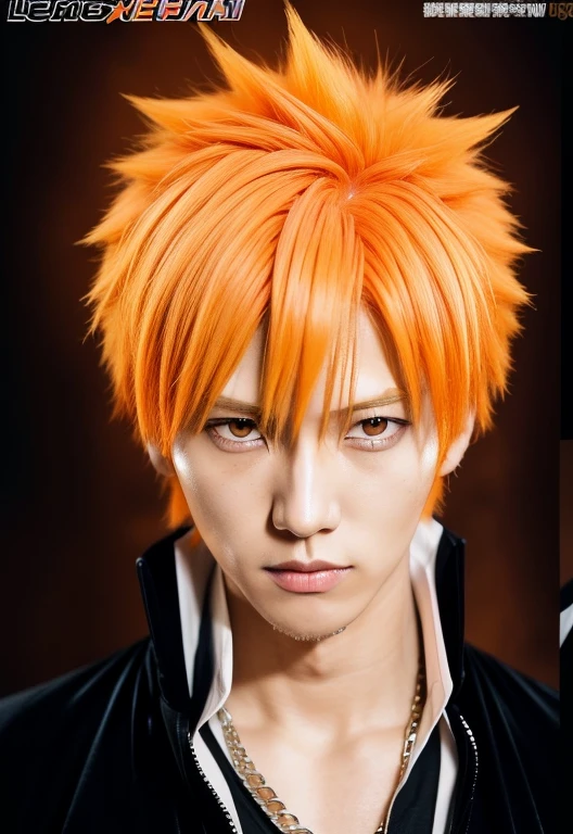 close up of a person with orange hair and a black jacket, ichigo kurosaki, ichigo, bleach manga style, bleach, orange haired anime boy, he is very menacing and evil, best anime character designs, anime!! !!, male anime character, anime style, looks very realistic, picture 4K, ultra HD