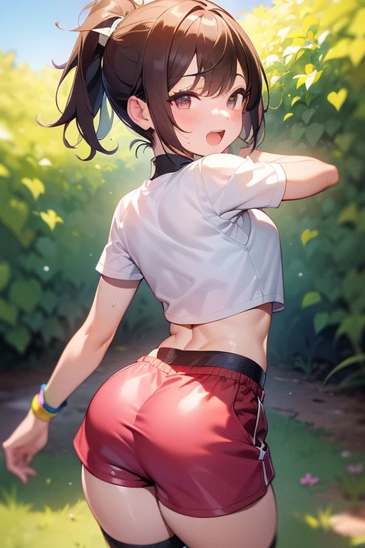 (masterpiece), best quality, (SHARP details), 4k, (SHARP detail perfect face), short hair, (ponytail), pink hair, nice ass, (girly hips), outdoors, sweat, (slutty clothes), detailed skin, ((visible 11 year old boy)), (female facial expression: lewd, open mouth), full body shot, (wearing (tight crop top) and ((hotpants) with (small bulge in pants))), visible navel, cute, girly, ((ass)), (view from behind), (glancing over shoulder)