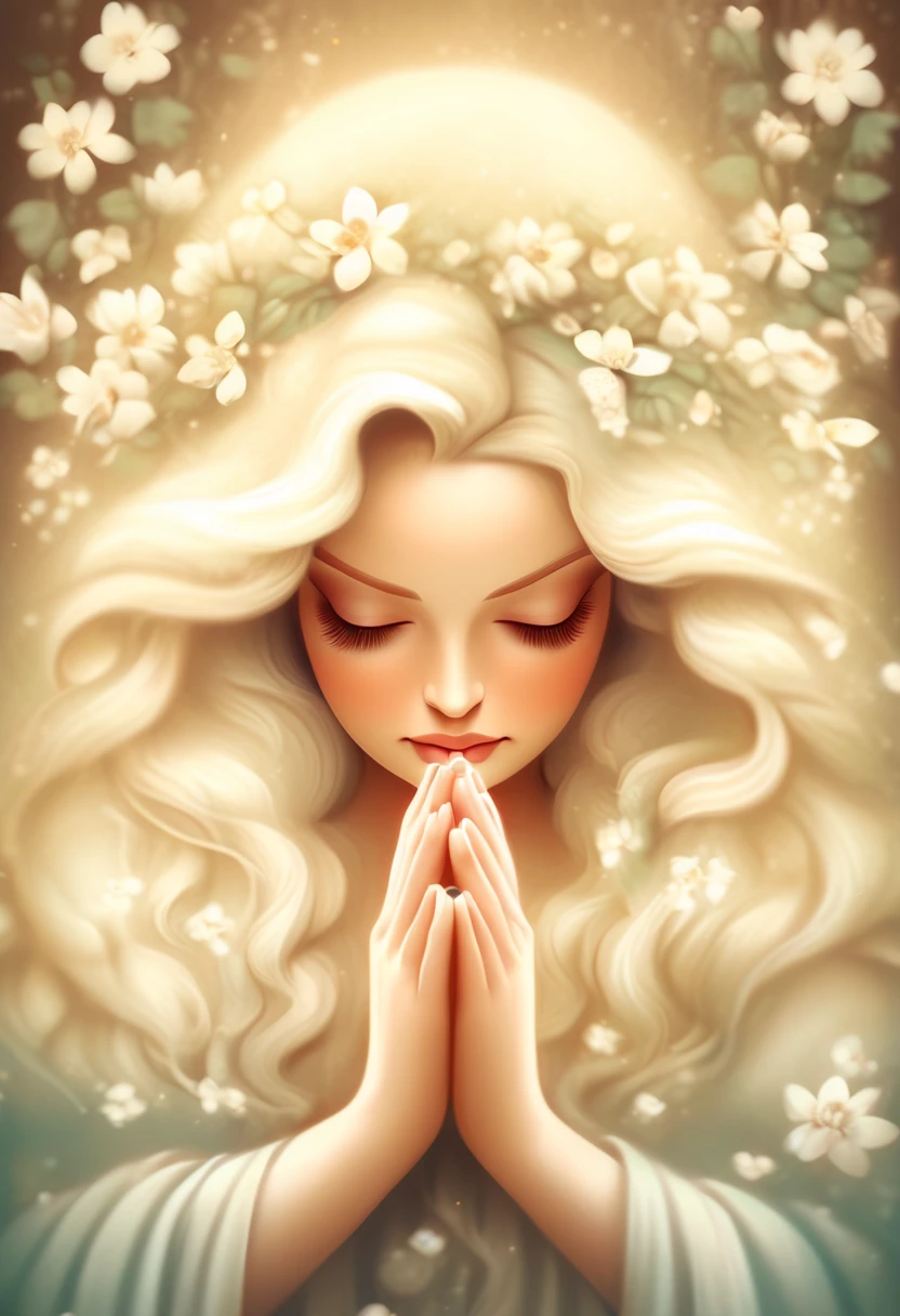 Painting of a praying woman with long hair and white flowers in her hair, beautiful digital illustrations, Beautiful artwork illustration, amazing digital illustrations, beautiful digital artwork, Inspired by Anna Dittman, amazing digital art, exquisite digital illustration, In the style of Anna Dittmann, beautiful digital art, beautiful amazing digital art, very beautiful digital art, beautiful fantasy art portrait