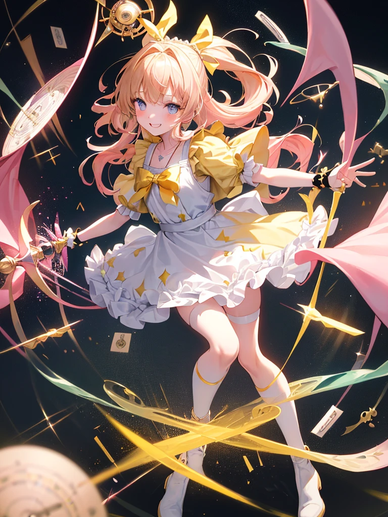 photo realistic, (masterpiece,best quality:1.4),(8k,raw photo,photo realistic:1.2),Not Safe for Work, detailed skin,detailed face,1girl,princess,Alice in Wonderland,cute face, super resolution,retro realistic details Illustration,
((( holding weapon, weapon is hammer, ))), A hammer imbued with magical power, ((yellow, checkered, frilled, yellow layered, yellow mini skirt, overskirt)), ((White ruffle apron)), ((shiny wavy hair)), diadems, ankle boots, doress, (((is turning))), (yellow frilled shirt), yellow gothic dresses, shairband, shortsleeves, the bow hair, happy, ;p, medium bob, (blonde hair), ((wavy hair)), shimmering eyes, ((Blue eyes)), ((yellow shairband)), (((skirt-lift))), melting smile, a smile, red blush, yellow Doress, Alice (Alice in Wonderland), (((cape))), White frilled legwear, ((yellow the Bow)), Puffy Sleeves, Bangss, shortsleeves, ((yellow bow ribbon)), (long hair), (White frilled apron), (((tiara))), White frilled legwear, frilld, yellow gothic dresses,: q, ((Heart necklace)), ((ring)), masterpiece, top-quality, not safe for work, , child, 14 yo, braided bangs, arm garter, baby face ,twinkle in the eye, flat chest,
yumekawa,yumekawaii,pastel color,(wonderland:1.3),imagination, floating many (musical notes:1.4) with score, colorful musical notes, ((light Pink background)), (Multicolored lights),magic circlel, (((trading card))),