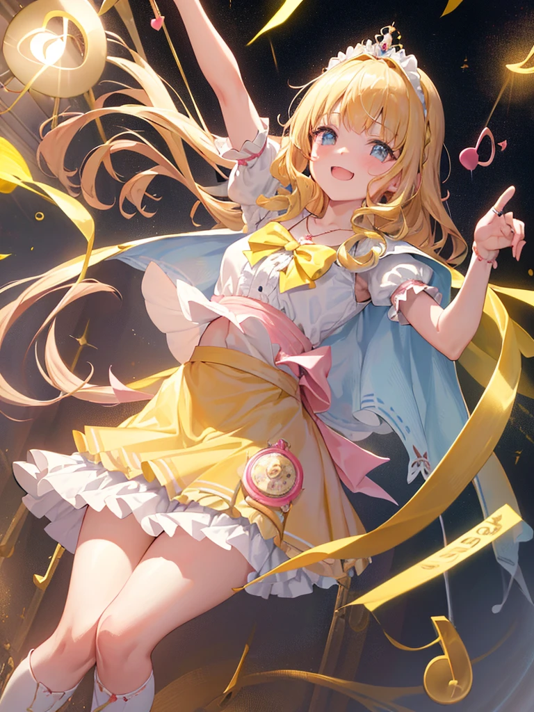 photo realistic, (masterpiece,best quality:1.4),(8k,raw photo,photo realistic:1.2),Not Safe for Work, detailed skin,detailed face,1girl,princess,Alice in Wonderland,cute face, super resolution,retro realistic details Illustration,
((( holding weapon, weapon is hammer, ))), A hammer imbued with magical power, ((yellow, checkered, frilled, yellow layered, yellow mini skirt, overskirt)), ((White ruffle apron)), ((shiny wavy hair)), diadems, ankle boots, doress, (((is turning))), (yellow frilled shirt), yellow gothic dresses, shairband, shortsleeves, the bow hair, happy, ;p, medium bob, (blonde hair), ((wavy hair)), shimmering eyes, ((Blue eyes)), ((yellow shairband)), (((skirt-lift))), melting smile, a smile, red blush, yellow Doress, Alice (Alice in Wonderland), (((cape))), White frilled legwear, ((yellow the Bow)), Puffy Sleeves, Bangss, shortsleeves, ((yellow bow ribbon)), (long hair), (White frilled apron), (((tiara))), White frilled legwear, frilld, yellow gothic dresses,: q, ((Heart necklace)), ((ring)), masterpiece, top-quality, not safe for work, , child, 14 yo, braided bangs, arm garter, baby face ,twinkle in the eye, flat chest,
yumekawa,yumekawaii,pastel color,(wonderland:1.3),imagination, floating many (musical notes:1.4) with score, colorful musical notes, ((light Pink background)), (Multicolored lights),magic circlel, (((trading card))),