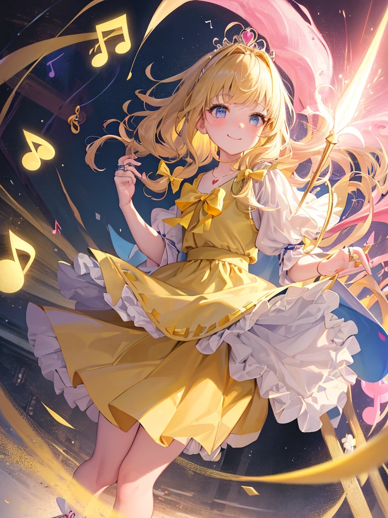 photo realistic, (masterpiece,best quality:1.4),(8k,raw photo,photo realistic:1.2),Not Safe for Work, detailed skin,detailed face,1girl,princess,Alice in Wonderland,cute face, super resolution,retro realistic details Illustration,
((( holding weapon, weapon is hammer, ))), A hammer imbued with magical power, ((yellow, checkered, frilled, yellow layered, yellow mini skirt, overskirt)), ((White ruffle apron)), ((shiny wavy hair)), diadems, ankle boots, doress, (((is turning))), (yellow frilled shirt), yellow gothic dresses, shairband, shortsleeves, the bow hair, happy, ;p, medium bob, (blonde hair), ((wavy hair)), shimmering eyes, ((Blue eyes)), ((yellow shairband)), (((skirt-lift))), melting smile, a smile, red blush, yellow Doress, Alice (Alice in Wonderland), (((cape))), White frilled legwear, ((yellow the Bow)), Puffy Sleeves, Bangss, shortsleeves, ((yellow bow ribbon)), (long hair), (White frilled apron), (((tiara))), White frilled legwear, frilld, yellow gothic dresses,: q, ((Heart necklace)), ((ring)), masterpiece, top-quality, not safe for work, , child, 14 yo, braided bangs, arm garter, baby face ,twinkle in the eye, flat chest,
yumekawa,yumekawaii,pastel color,(wonderland:1.3),imagination, floating many (musical notes:1.4) with score, colorful musical notes, ((light Pink background)), (Multicolored lights),magic circlel, (((trading card))),