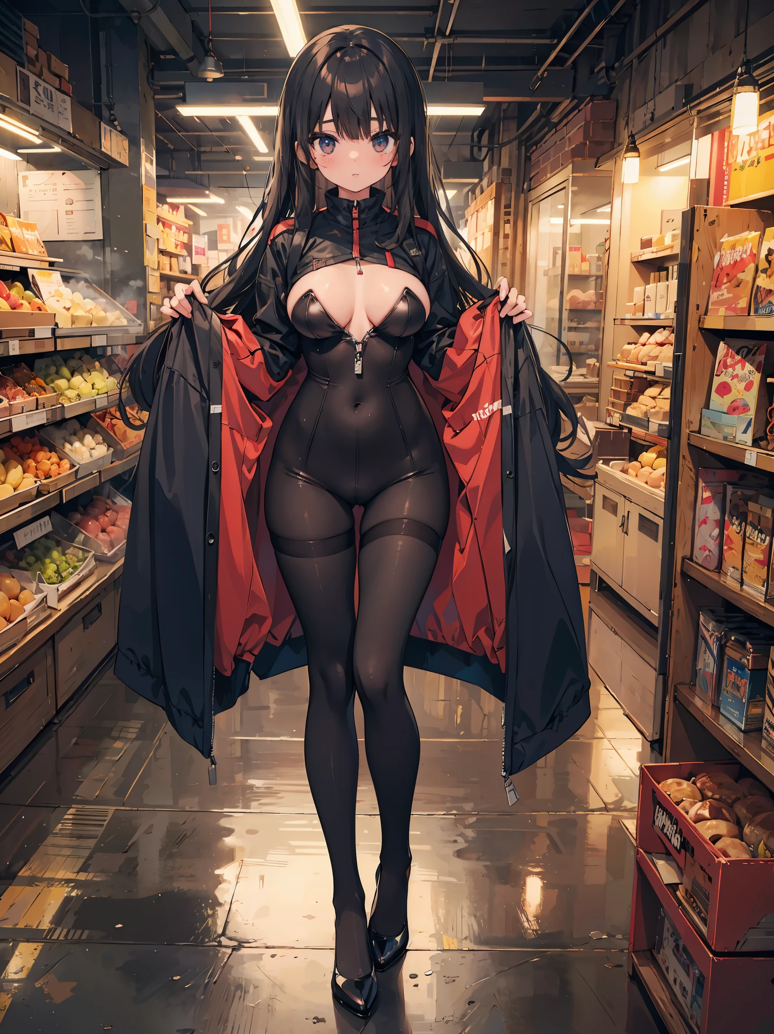 bust shot, sexy girl, black_hair long_hair,((beautiful face)) medium_breast thin_waist meaty_thighs, full_open long_coat, pantyhose, body_stockings, full-body tights, Zentai suits, morphsuit, RETRO ART STYLE, NEON_POP ART STYLE, ART STYLE, manhwa style