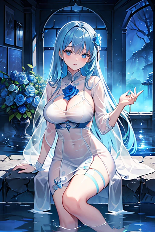 (highest quality, 8K, 32K, masterpiece, UHD: 1.3), 1 female, (Oversized: 1.3), perfect figure,, (attractive), (Sheer skin)) 、((((Transparent see-through dress))))、see-through dresses、lace sheer dress、Transparent dress、Sheer skin、Transparent dressを着た美しい裸の女性、solo、best style、big breasts、The most beautiful in the world、unparalleled beauty、long hair、 ((blue bathhouse)),、Blue lighting. concept art stunning atmosphere, blue atmosphere, beautiful concept art, Dark Majestic gorgeous public bath,、(blue water辺、blue water)、blue stone、blue stone、blue reflection、Cyan color、get wet in blue water、Blue light、blue flower、Blue roses、Blue World、Expressive、sexy pose、sexy design