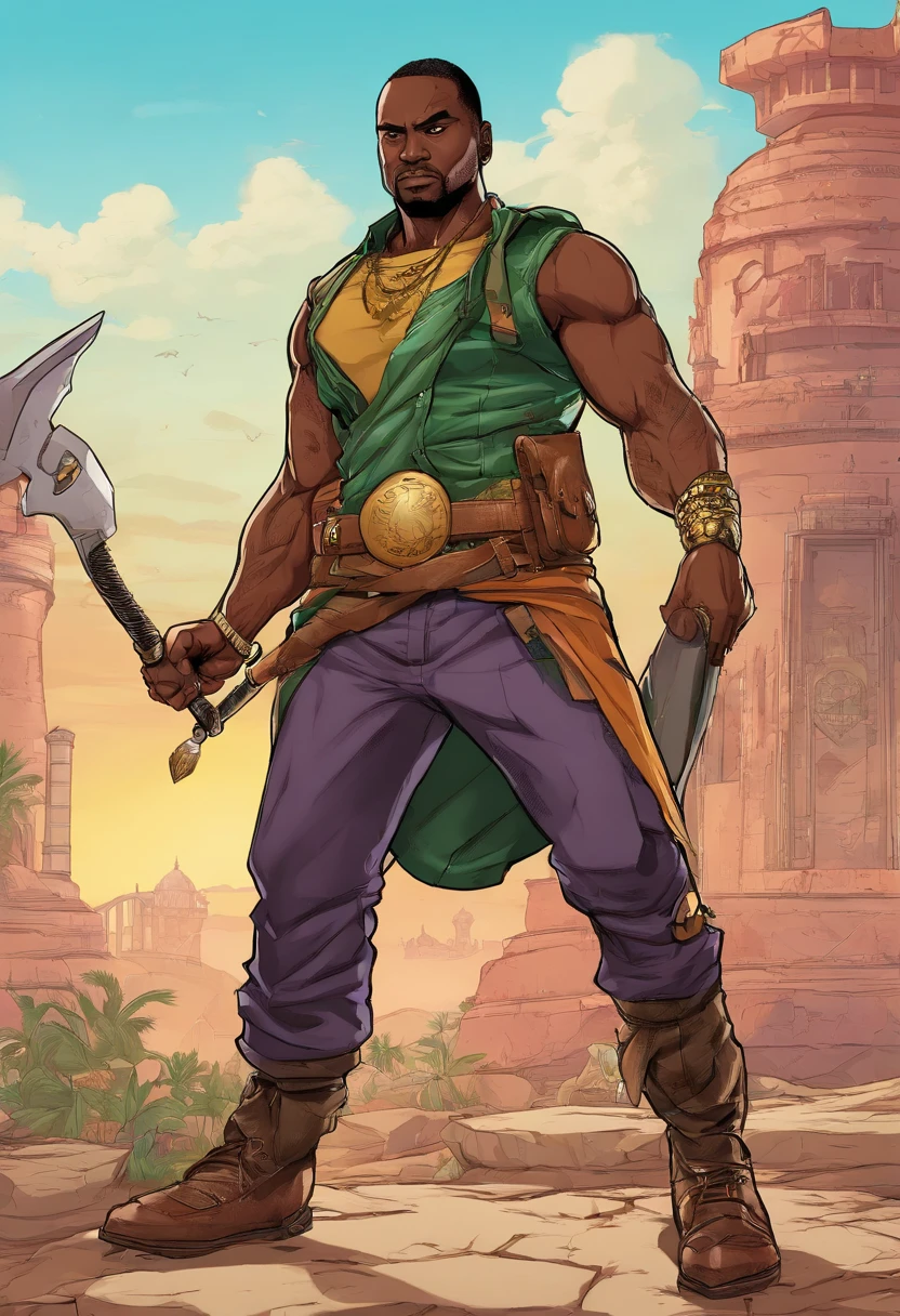 Um homem negro, gordo ((1,75cm_123kg)), usando roupas de guerreiros africanos antigos , carrying a shield in his left arm and a spear in his right arm, com poderes da terra e tendo um stand ((Jojo)) das sobras chamado "castle of Glass" , usando cabelo dread ((corpo_todo))