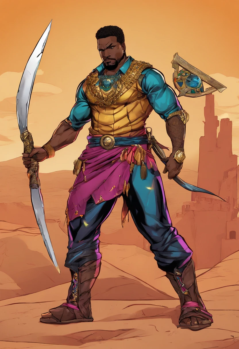 Um homem negro, gordo ((1,75cm_123kg)), usando roupas de guerreiros africanos antigos , carrying a shield in his left arm and a spear in his right arm, com poderes da terra e tendo um stand ((Jojo)) das sobras chamado "castle of Glass" , usando cabelo dread ((corpo_todo))