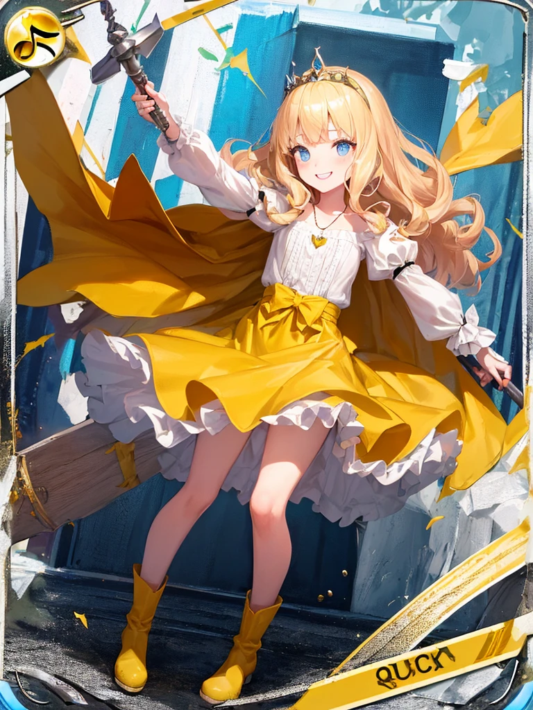 photo realistic, (masterpiece,best quality:1.4),(8k,raw photo,photo realistic:1.2),Not Safe for Work, detailed skin,detailed face,1girl,princess,Alice in Wonderland,cute face, super resolution,retro realistic details Illustration,
((( holding weapon, weapon is hammer, ))), A hammer imbued with magical power, ((yellow, checkered, frilled, yellow layered, yellow mini skirt, overskirt)), ((White ruffle apron)), ((shiny wavy hair)), diadems, ankle boots, doress, (((is turning))), (yellow frilled shirt), yellow gothic dresses, shairband, shortsleeves, the bow hair, happy, ;p, medium bob, (blonde hair), ((wavy hair)), shimmering eyes, ((Blue eyes)),  ((yellow shairband)), (((skirt-lift))), melting smile, a smile, red blush, yellow Doress, Alice (Alice in Wonderland), (((cape))), White frilled legwear, ((yellow the Bow)), Puffy Sleeves, Bangss, shortsleeves, ((yellow bow ribbon)), (long hair), (White frilled apron), (((tiara))),  White frilled legwear, frilld, yellow gothic dresses,: q, ((Heart necklace)), ((ring)), masterpiece, top-quality, not safe for work, , child, 14 yo, braided bangs, arm garter, baby face ,twinkle in the eye, flat chest,
yumekawa,yumekawaii,pastel color,(wonderland:1.3),imagination, floating many (musical notes:1.4) with score, colorful musical notes, ((light Pink background)), (Multicolored lights),magic circlel, (((trading card))),