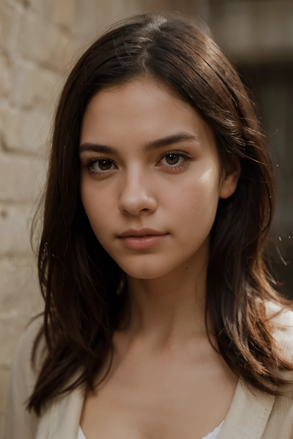 Create a realistic portrait of a 22-year-old American girl with black eyes and black hair, looking directly into the camera. Her expression is serene and confident. Focus on capturing the details of her features, such as the shine in her eyes and the texture of her hair. The portrait should convey her youth and beauty in a natural, lifelike manner. Use a soft, neutral background to ensure she remains the focal point of the image
